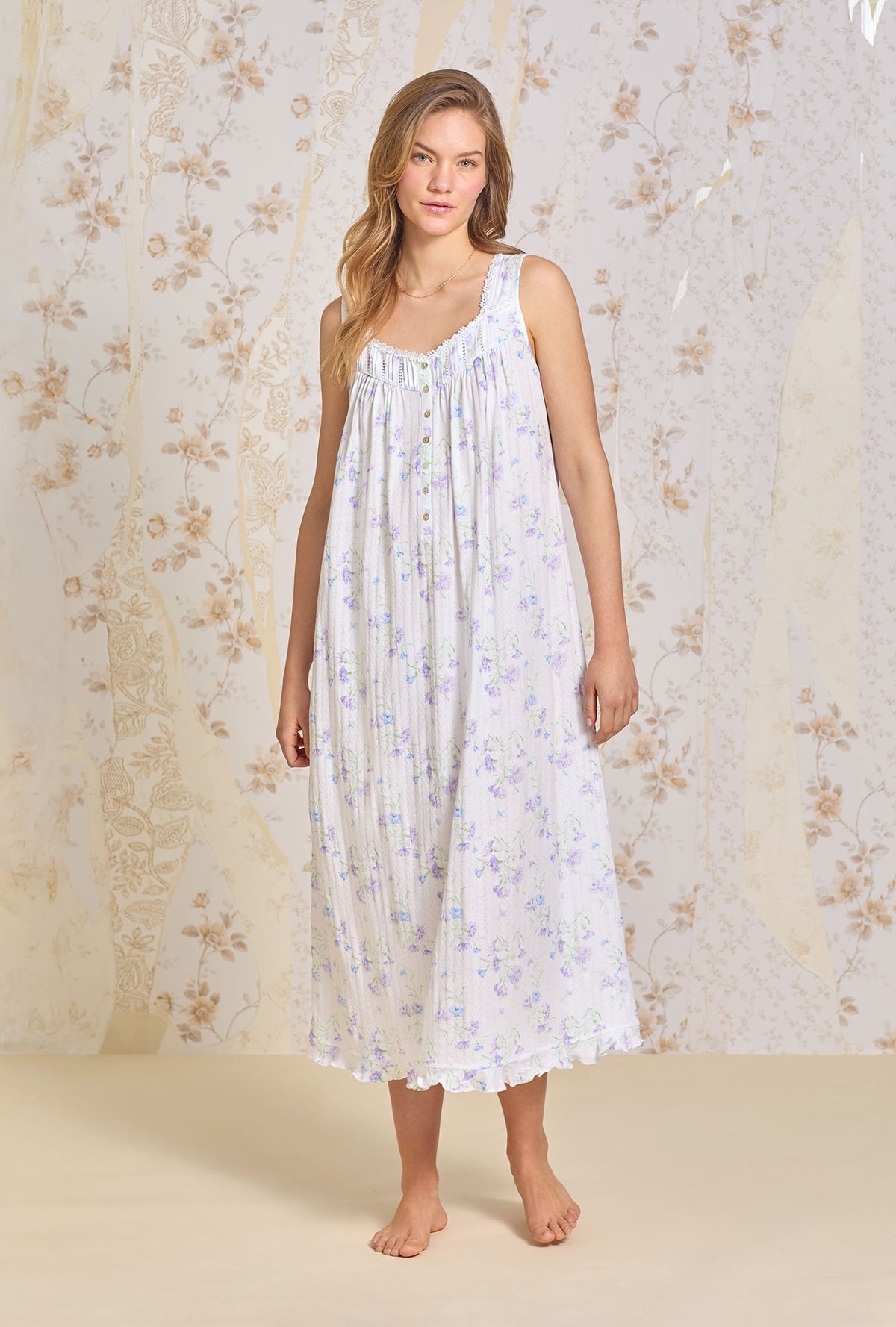 A lady wearing The "Eileen" Wild Carnanation Cotton Pointelle Ballet Nightgown