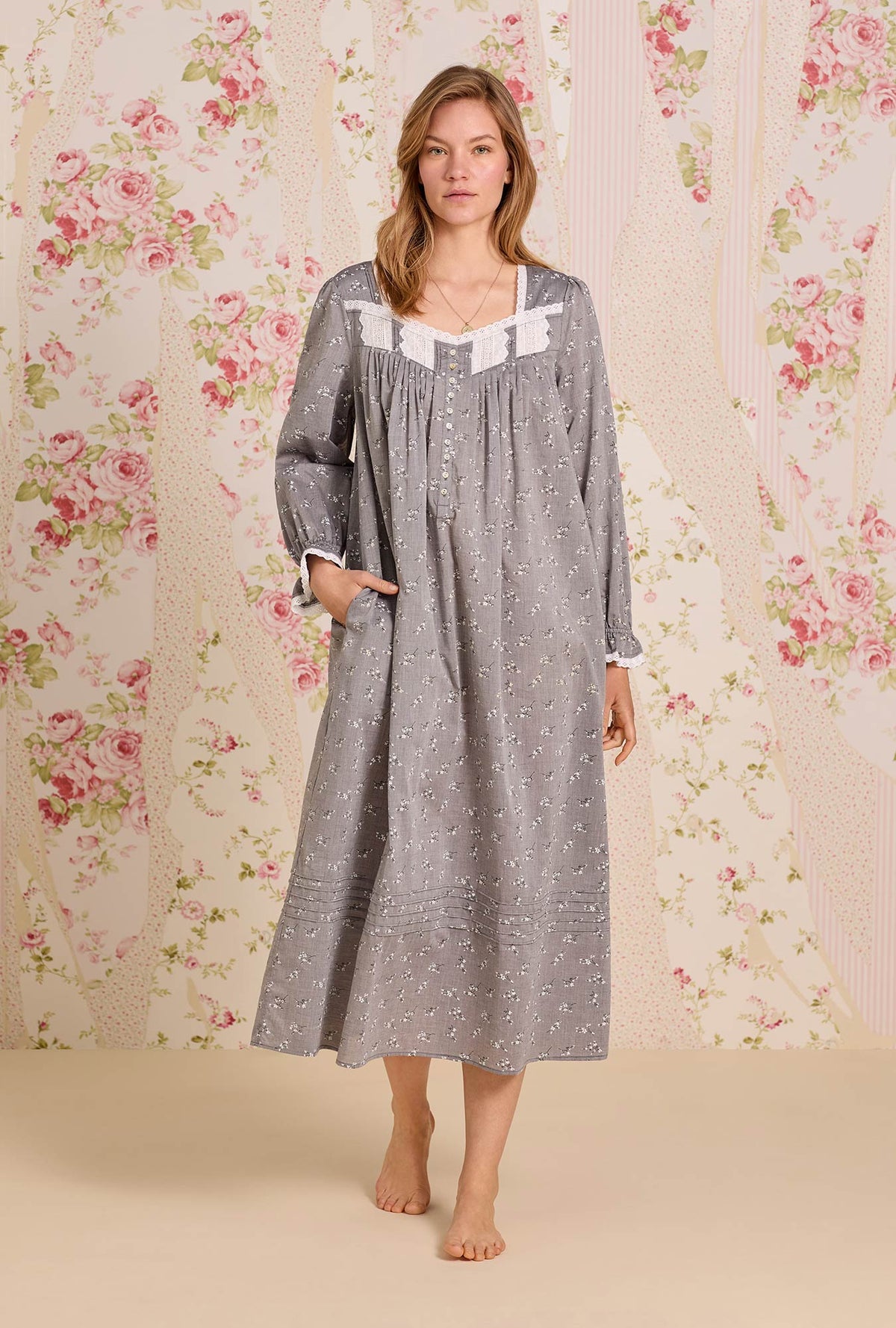 A lady wearing Pale Meadow Cotton Yarndye Long Sleeve Ballet Nightgown
