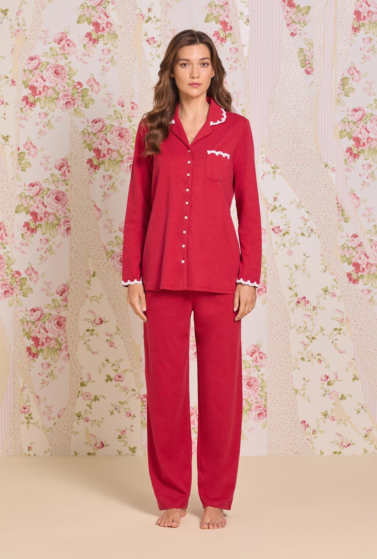 A lady wearing Dream Heather Claret Interlock Classic Pajama