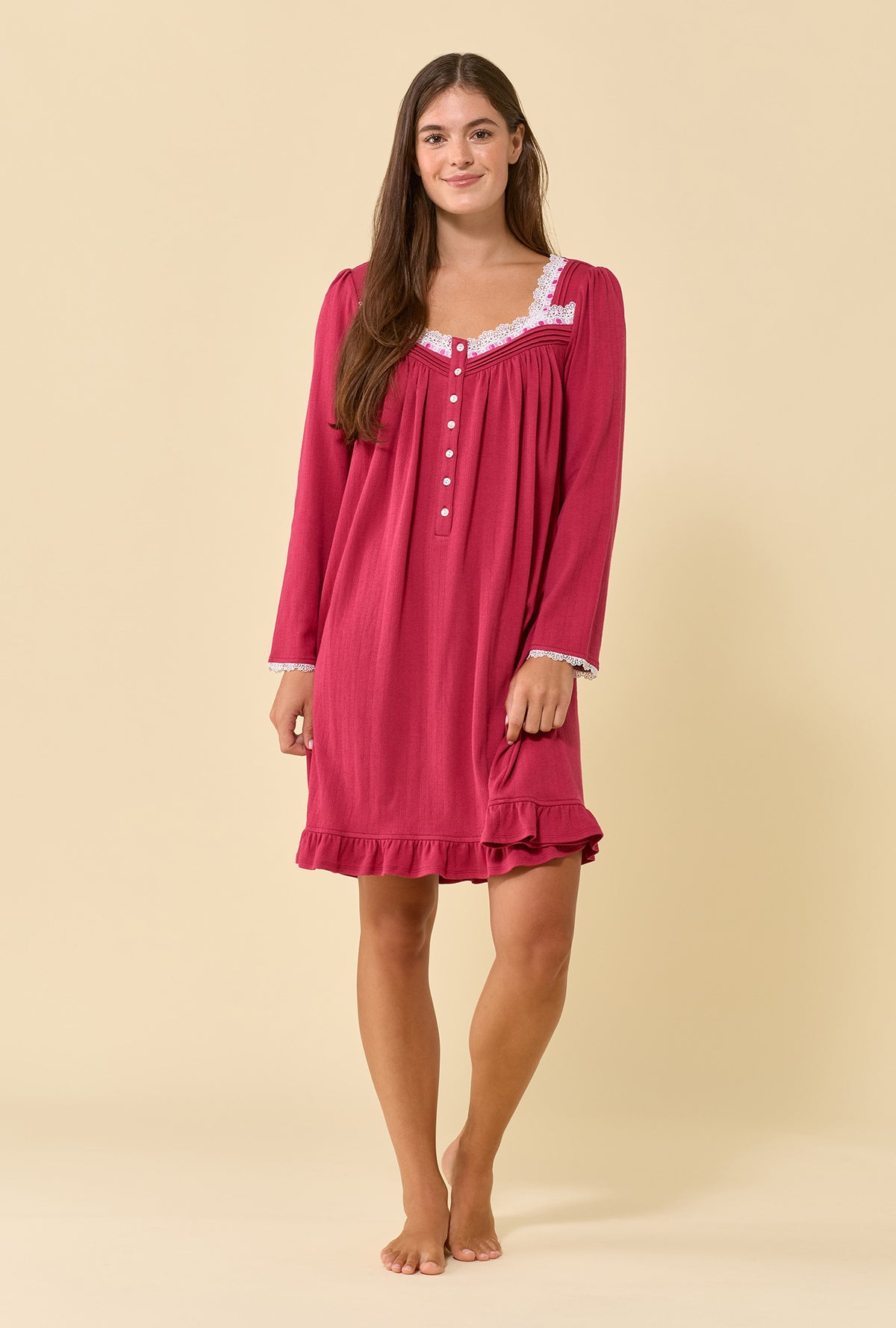 A lady wearing Bordeaux Brushed Pointelle Long Sleeve Chemise