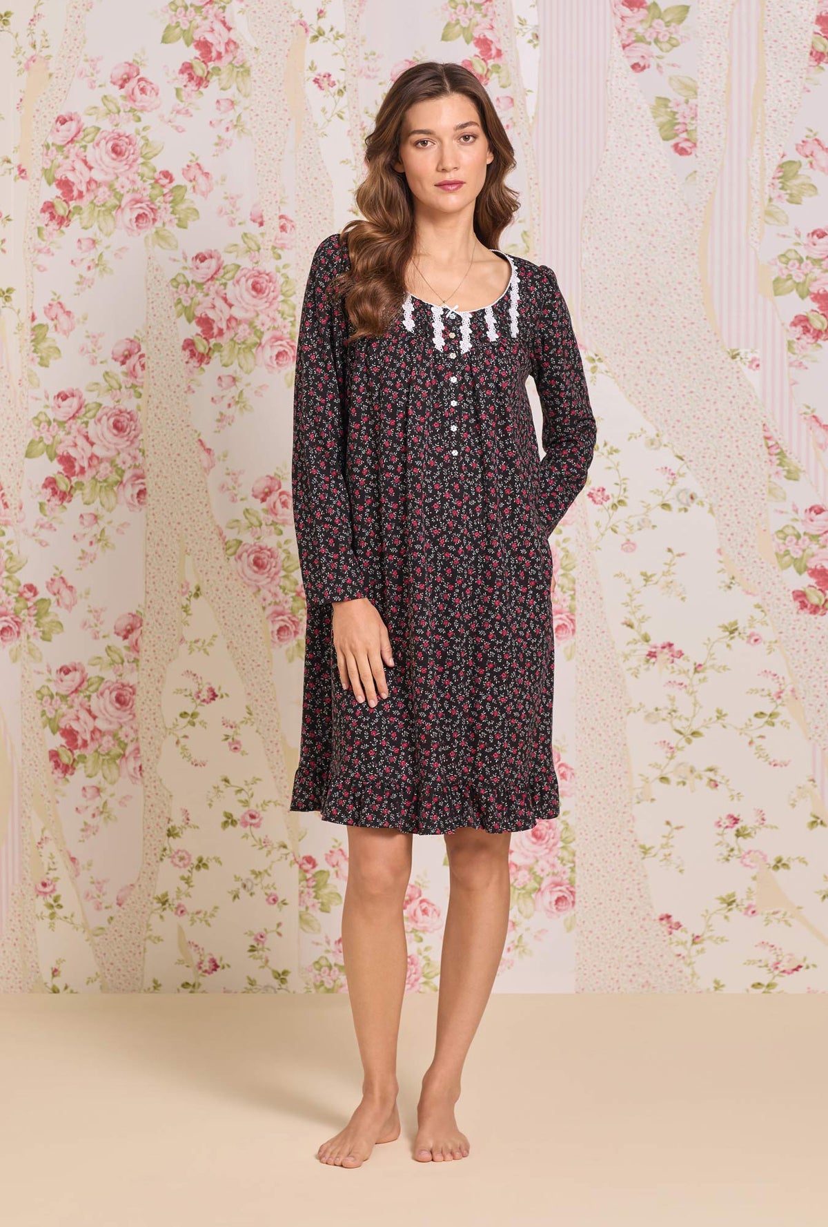 A Lady wearing Bordeaux Bloom Cotton Knit Long Sleeve Short Nightgown