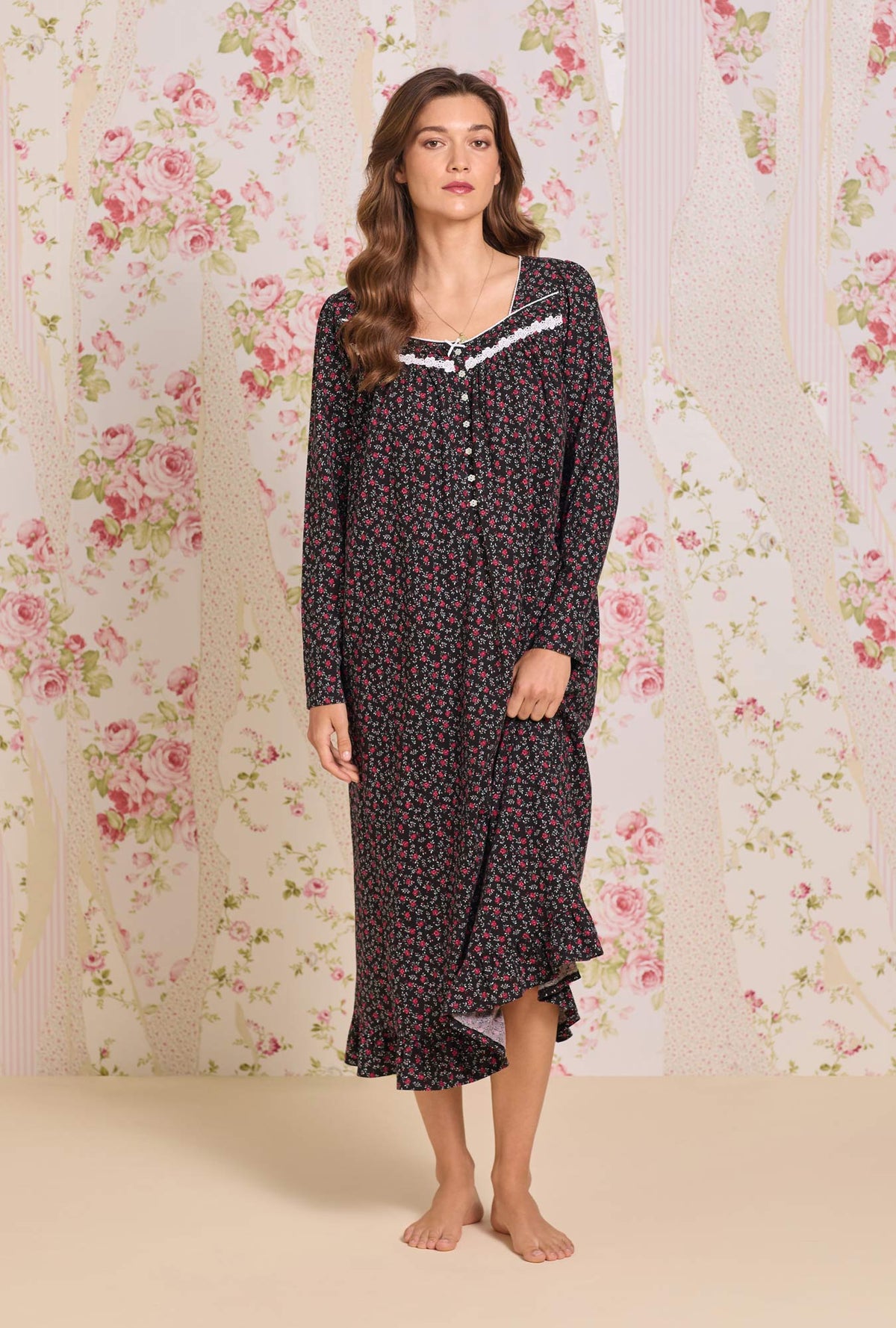 A Lady wearing Bordeaux Bloom Cotton Knit Long Sleeve Ballet Nightgown