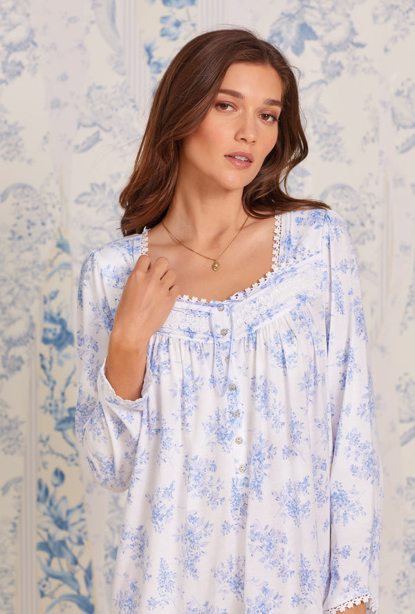 Eileen West Long Sleeve Cotton Jersey Long Gown Blue Viney Floral