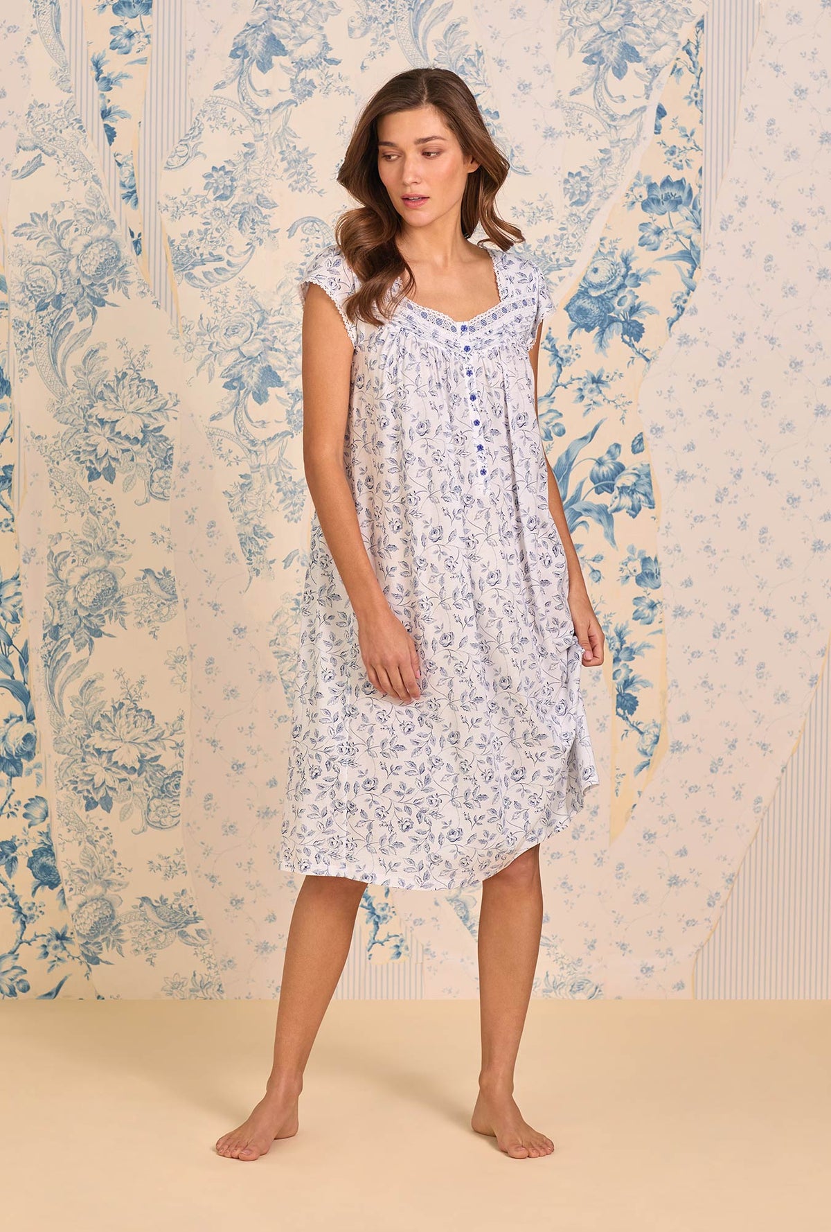 A lady wearing Heritage Rose Cotton Modal Cap Sleeve Waltz Nightgown