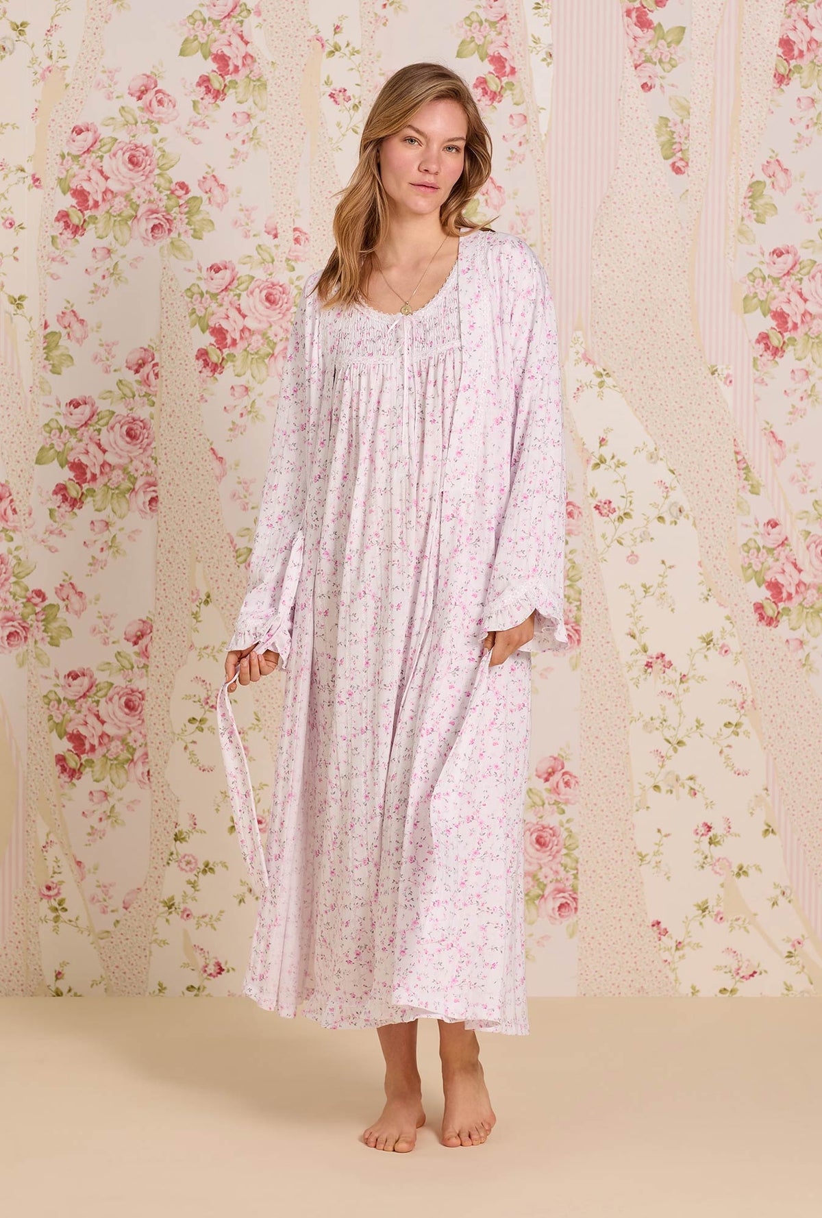 A lady wearing Rosevine Whisper Cotton Pointelle Wrap Robe