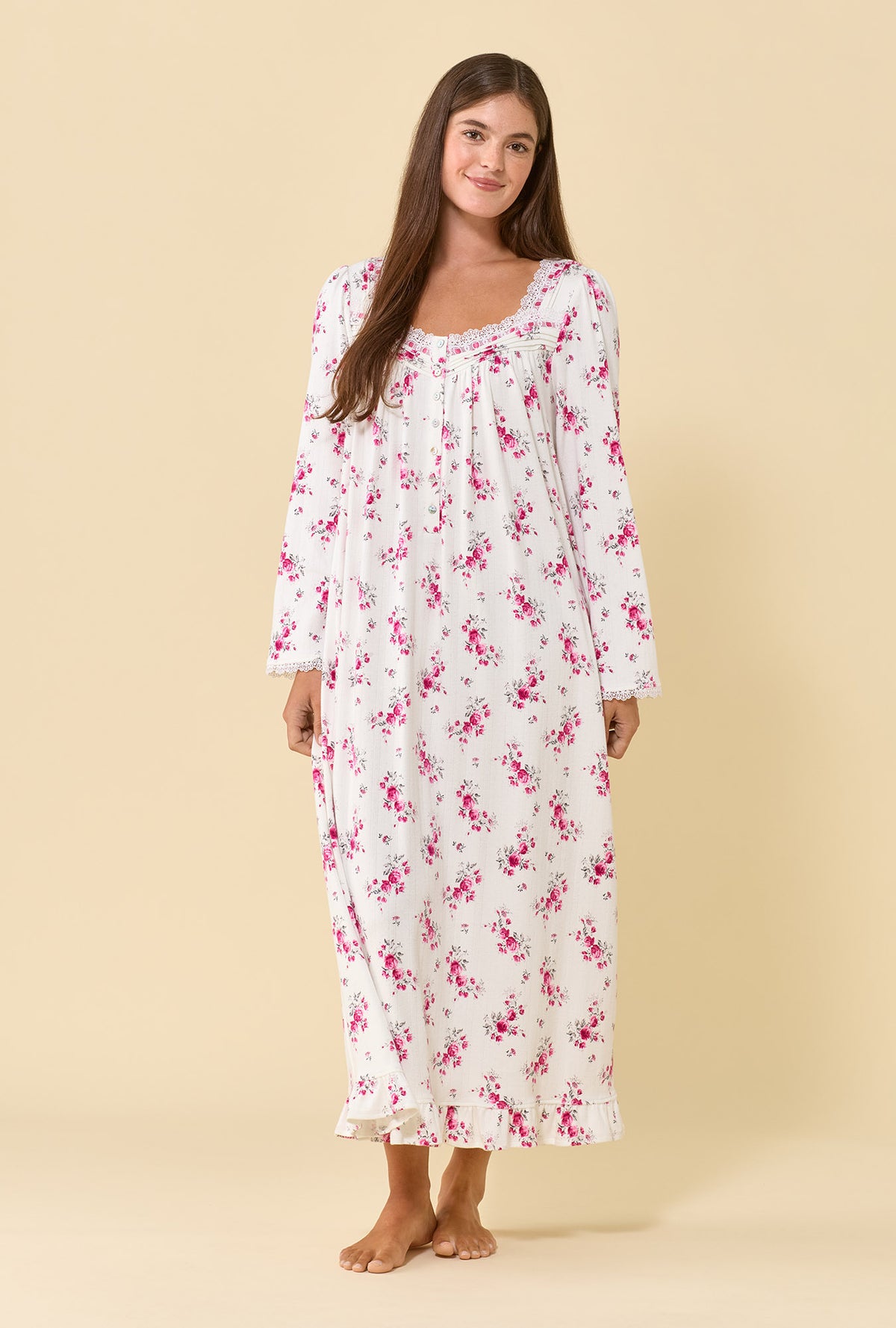 A lady wearing Crimson Posy Brushed Pointelle Long Sleeve Ballet Nightgown