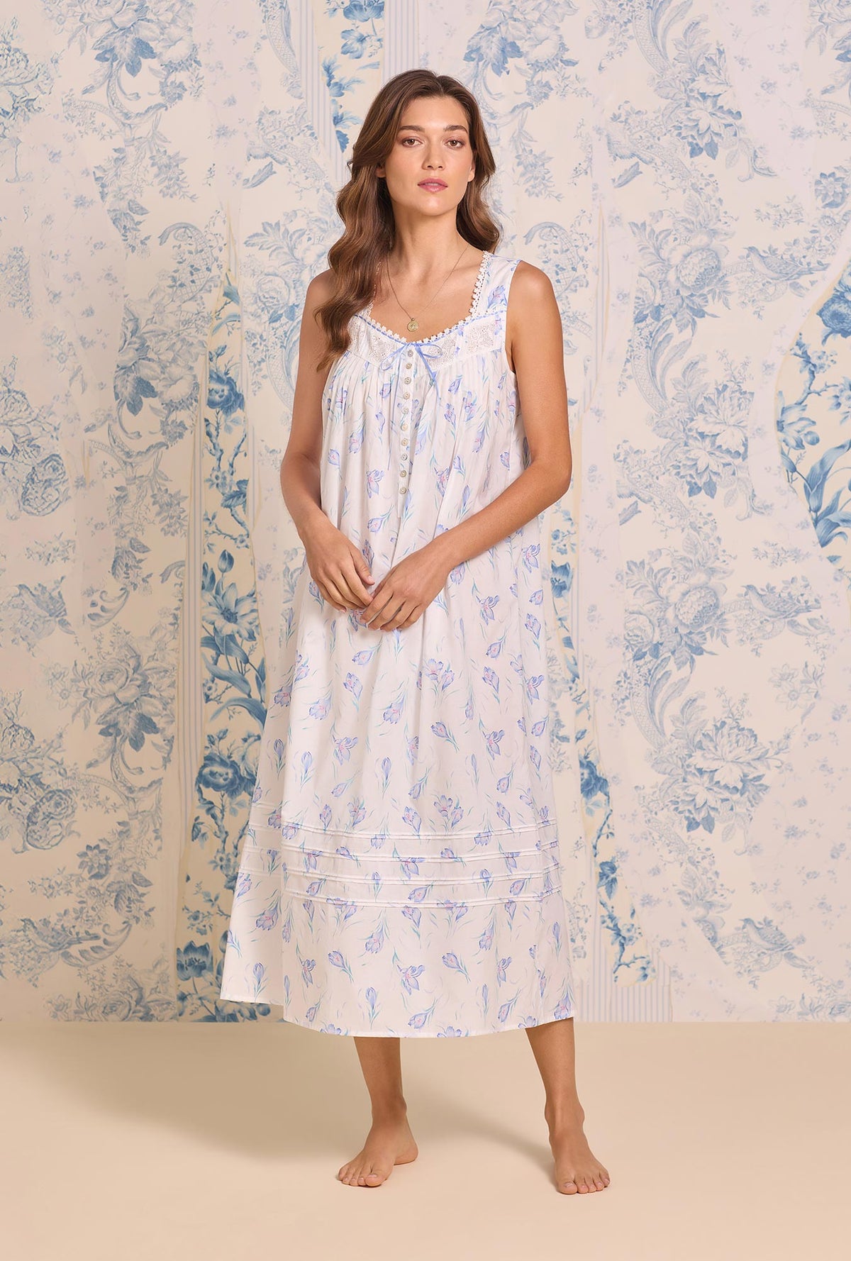 a lady wearing The "Eileen" Blue Crocus Cotton Lawn Ballet Nightgown