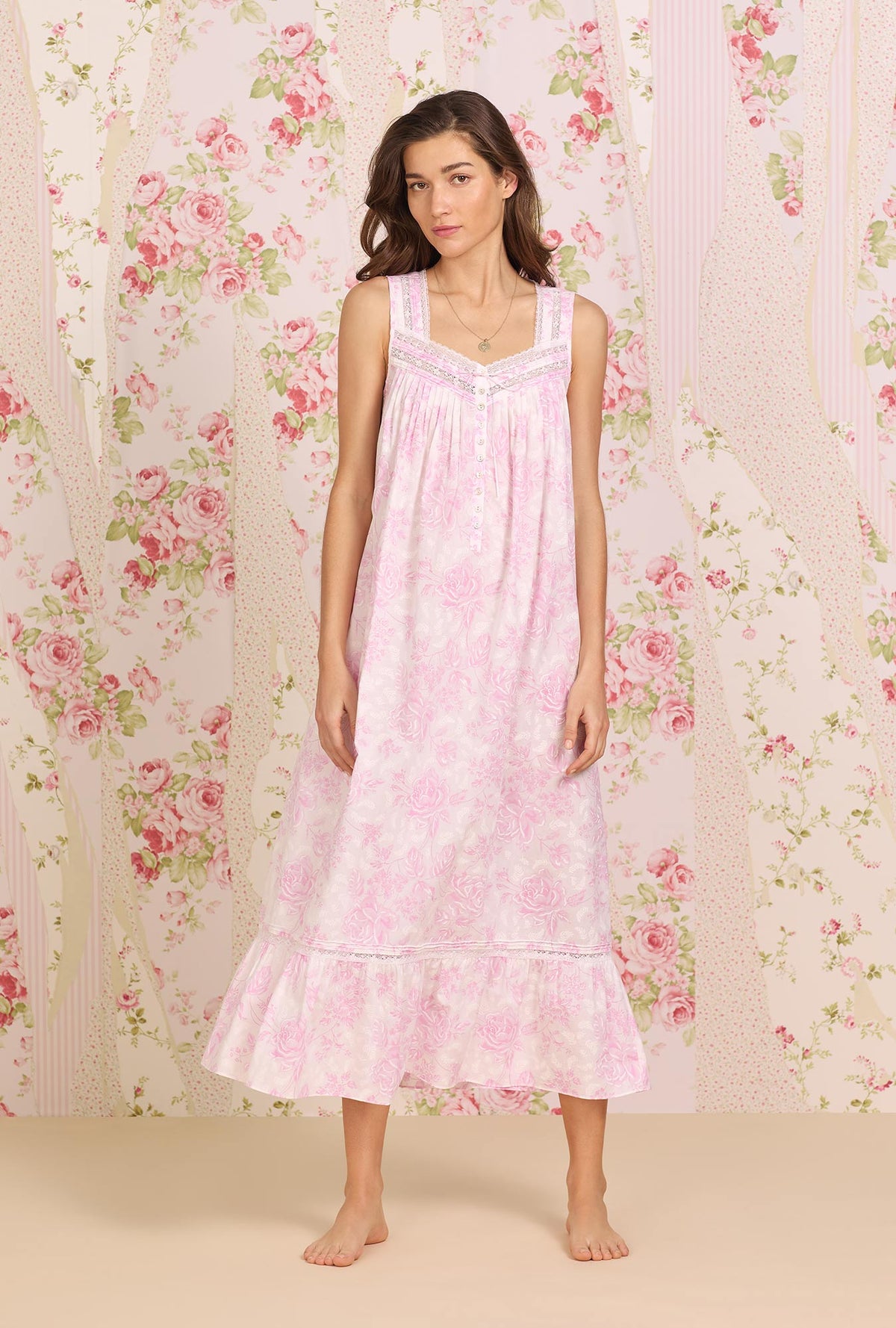  A lady wearing pink sleeveless Cotton Nightgown with  Romantic Roses print