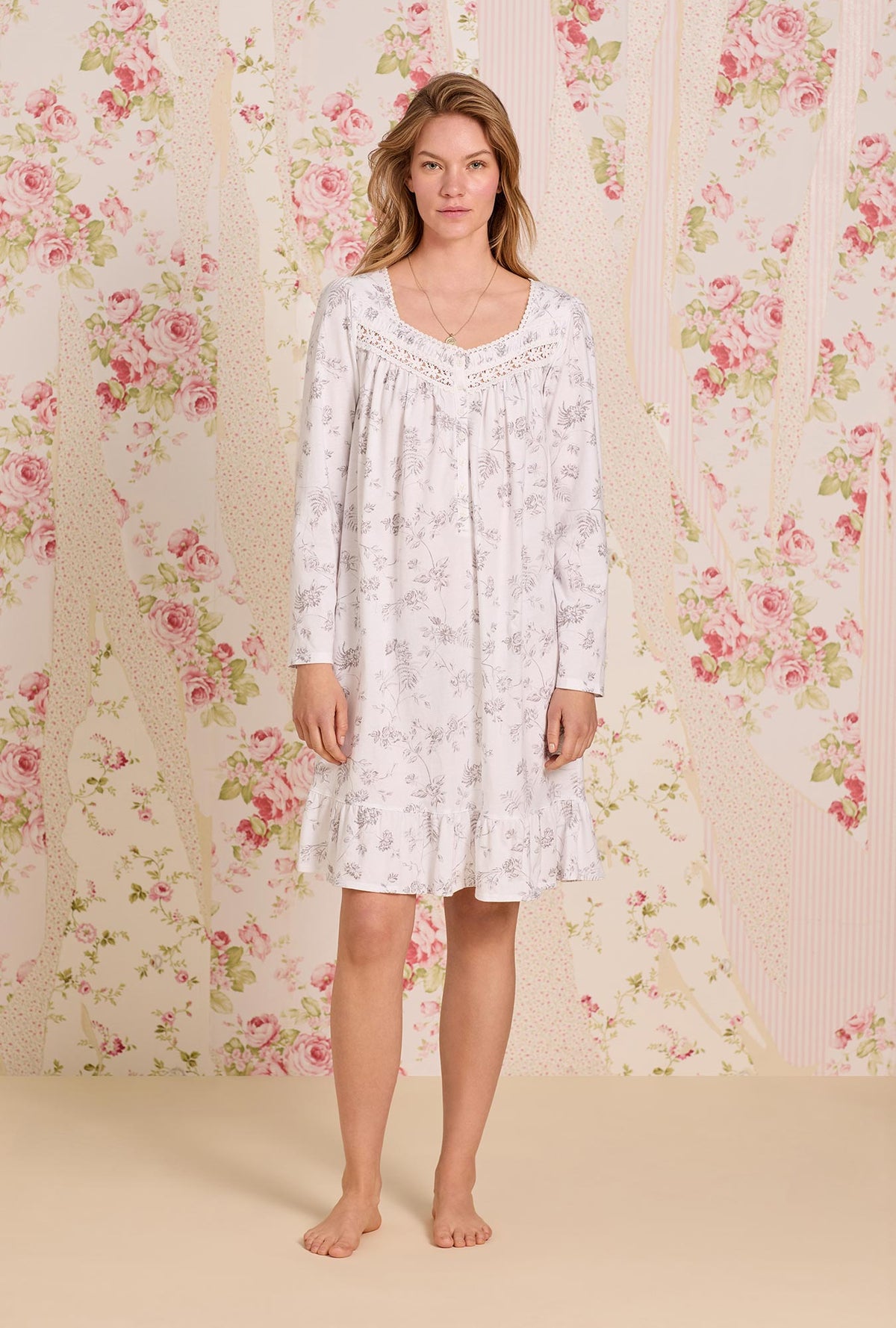A lady wearing Dusk Blossom Cotton Knit Long Sleeve Short Nightgown