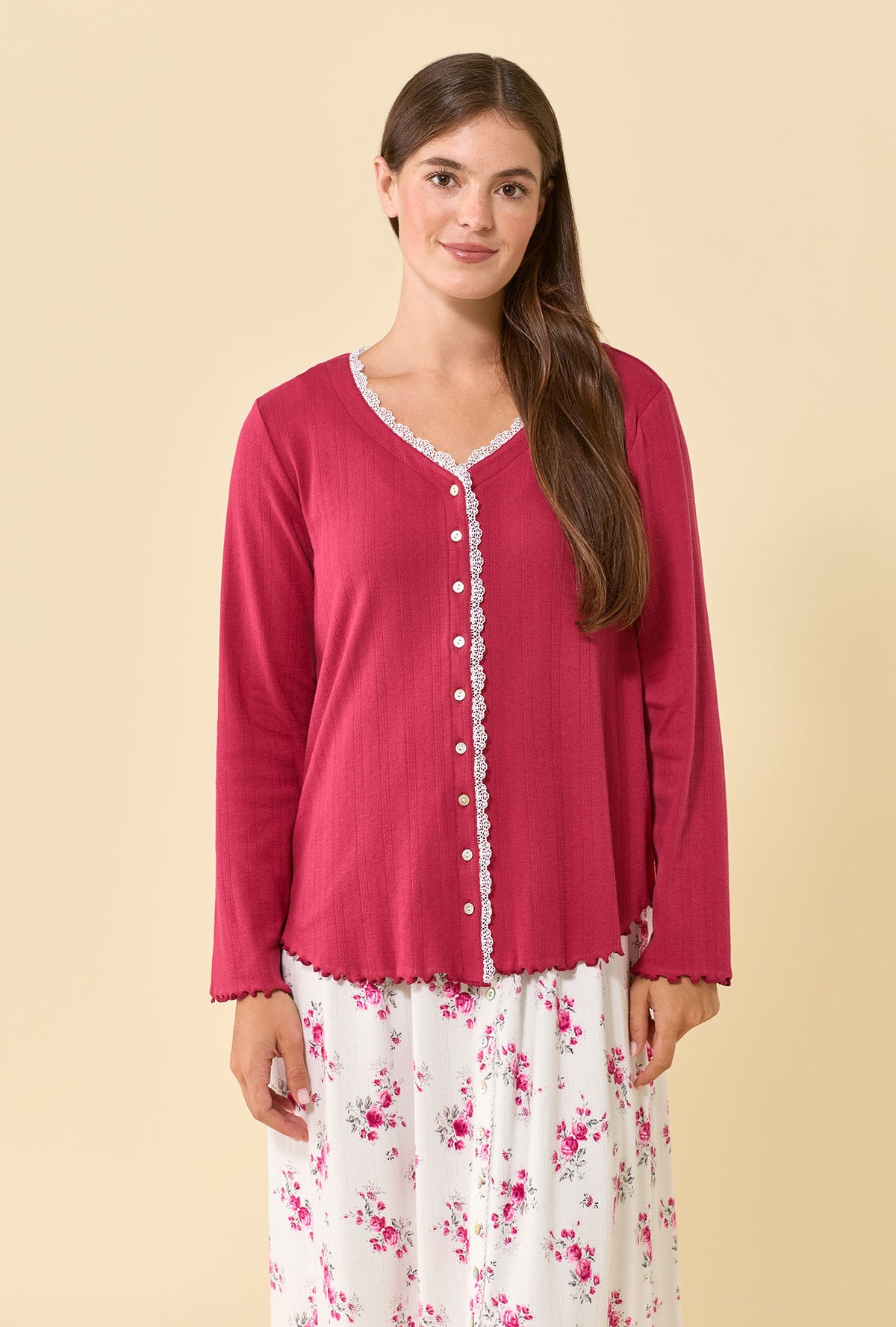 A lady wearing Bordeaux Brushed Pointelle Long Sleeve Cardigan