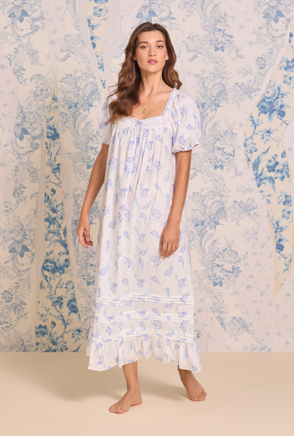 A lady wearing The "Jolee" Blue Crocus Cotton Lawn Ballet Nightgown