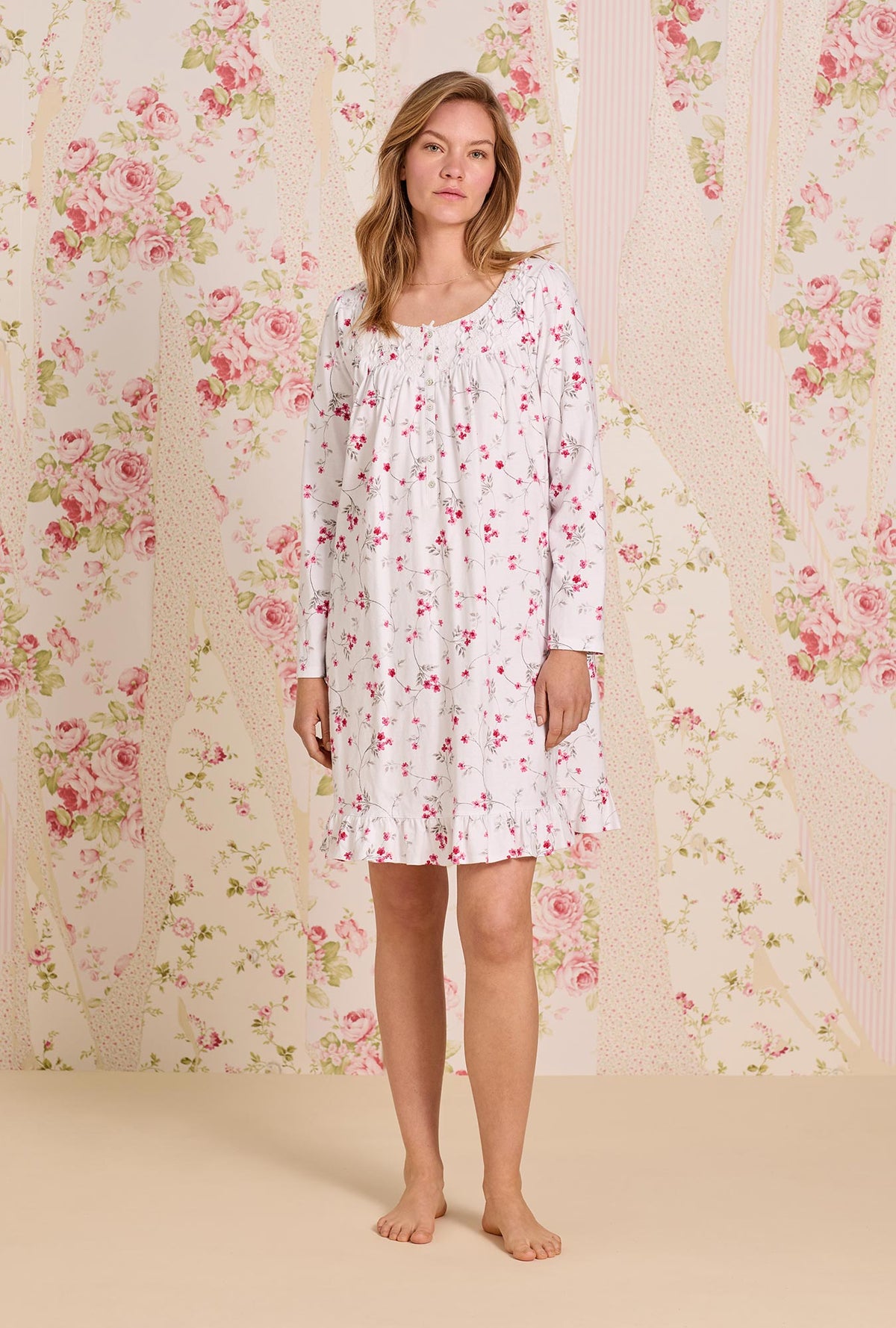 A Lady wearing Embervine Cotton Knit Long Sleeve Short Nightgown