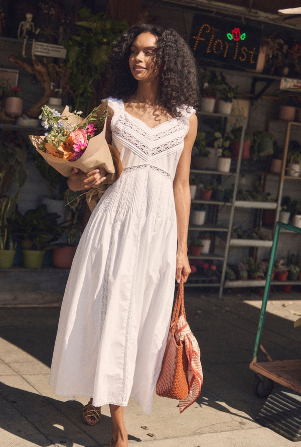 here she comes walking in cotton dress Carmela Soft White Maxi Soft White / XS PDPTAG2-000000-BACK IN STOCK relaxed silhouette Vacation Wedding Floral Chiffon Color:dark green