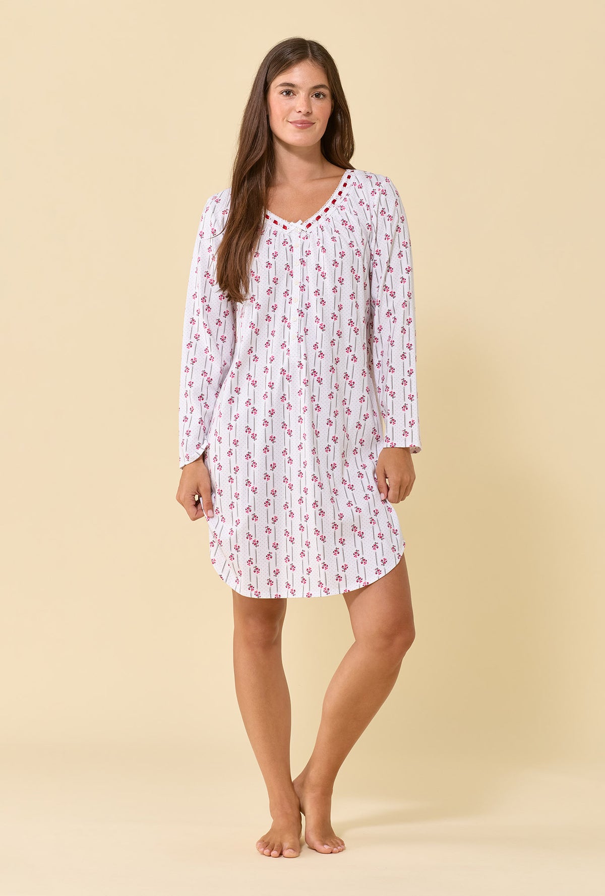 A lady wearing Trellis Rose 100% Cotton Jersey Knit Long Sleeve Nightshirt
