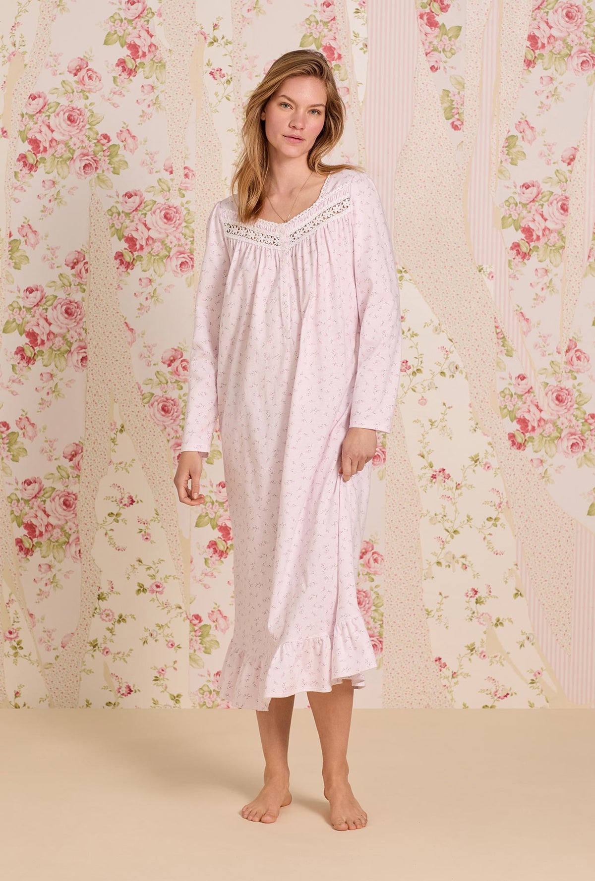 A lady wearing Baby Rose Cotton Knit Long Sleeve Ballet Nightgown