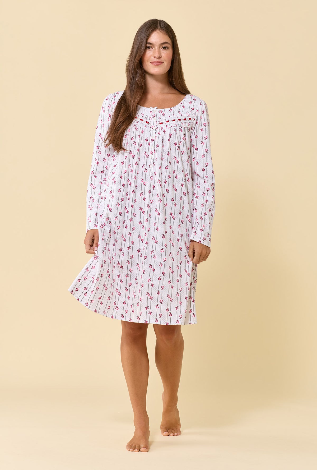 A lady wearing Trellis Rose 100% Cotton Jersey Knit Long Sleeve Chemise