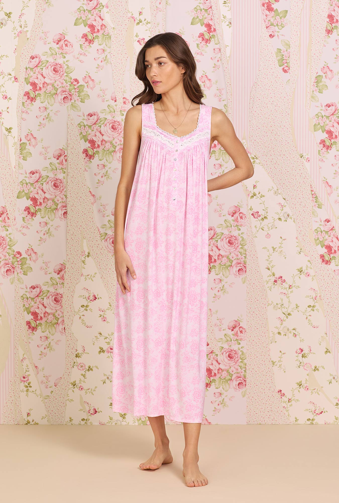   A lady wearing pink sleeveless Knit Nightgown with  Pink Dreams print