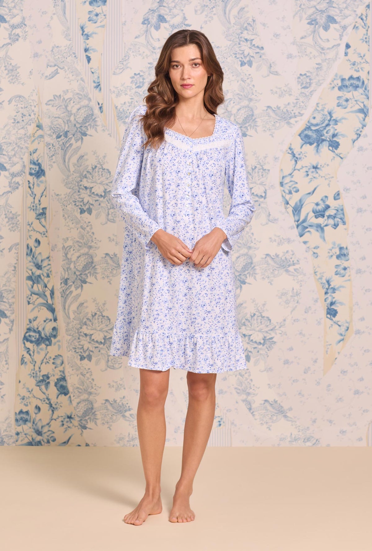 a lady wearing Provencal Rose Cotton Knit Long Sleeve Chemise