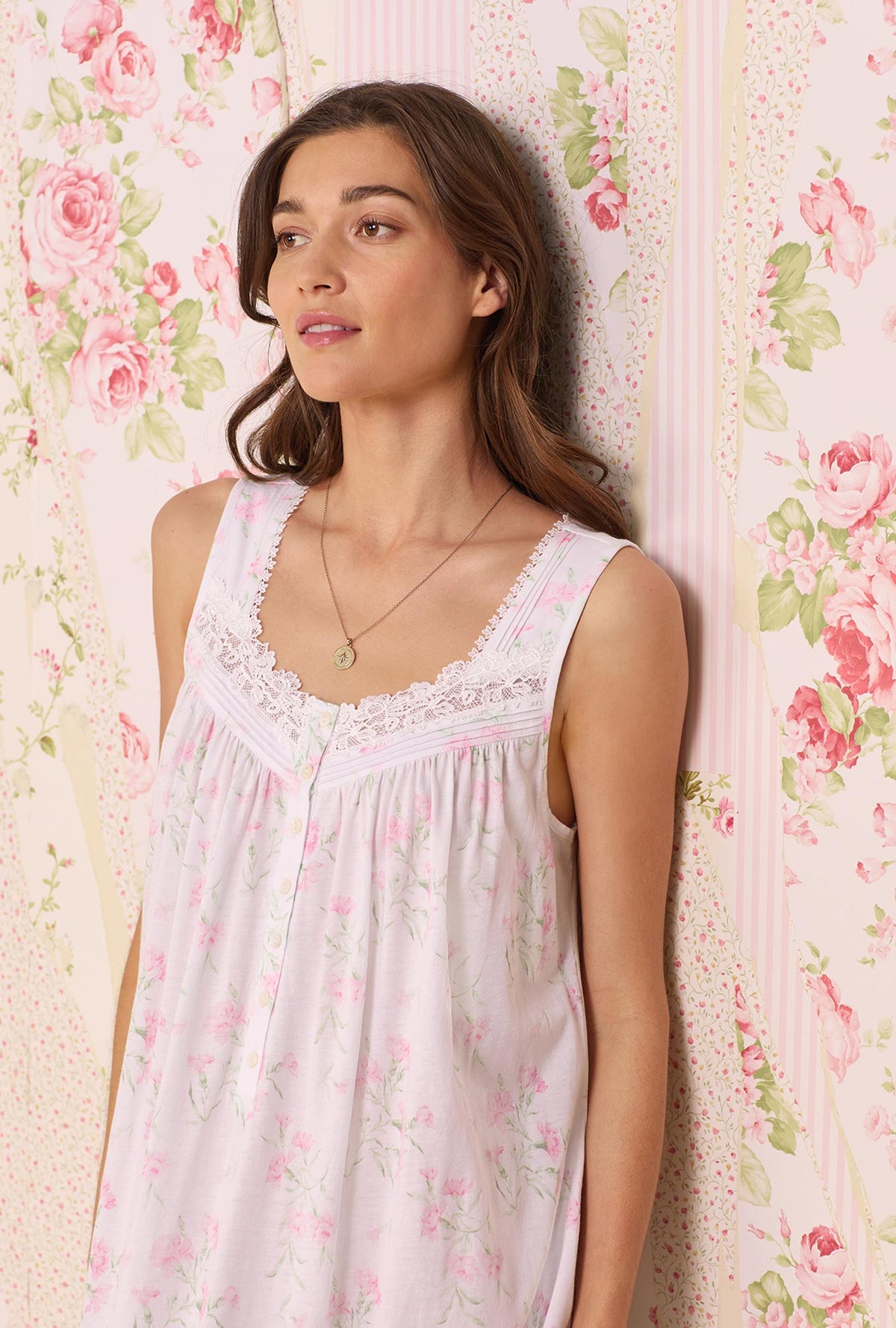   A lady wearing white sleeveless  Knit Nightgown with Whisper Floral print