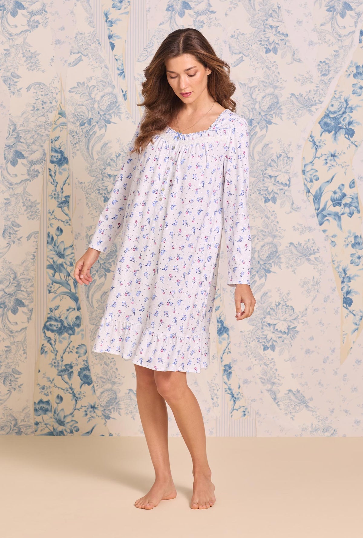 a lady wearing Tulip Dew Cotton Knit Long Sleeve Chemise