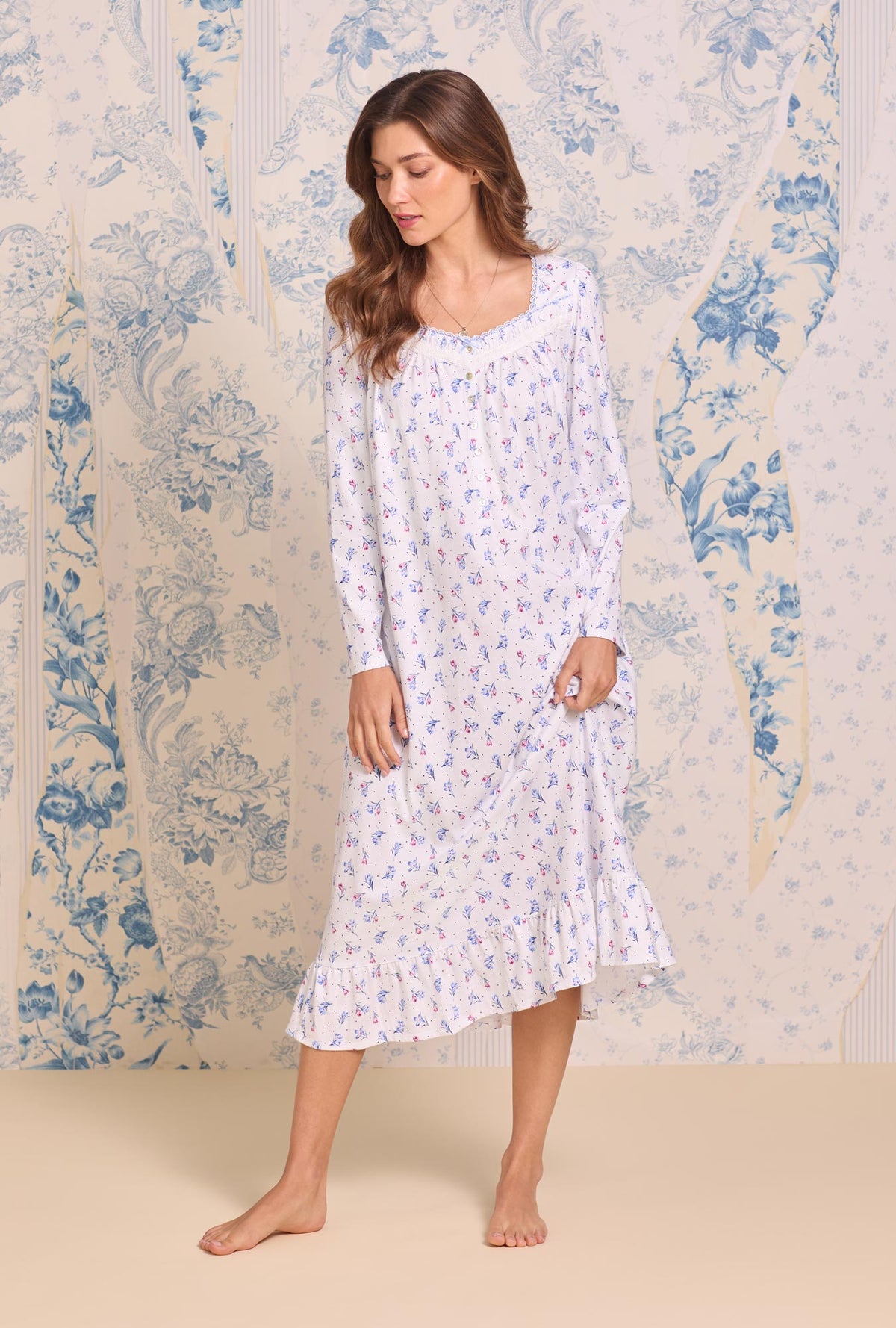 a lady wearing Tulip Dew Cotton Knit Long Sleeve Ballet Nightgown