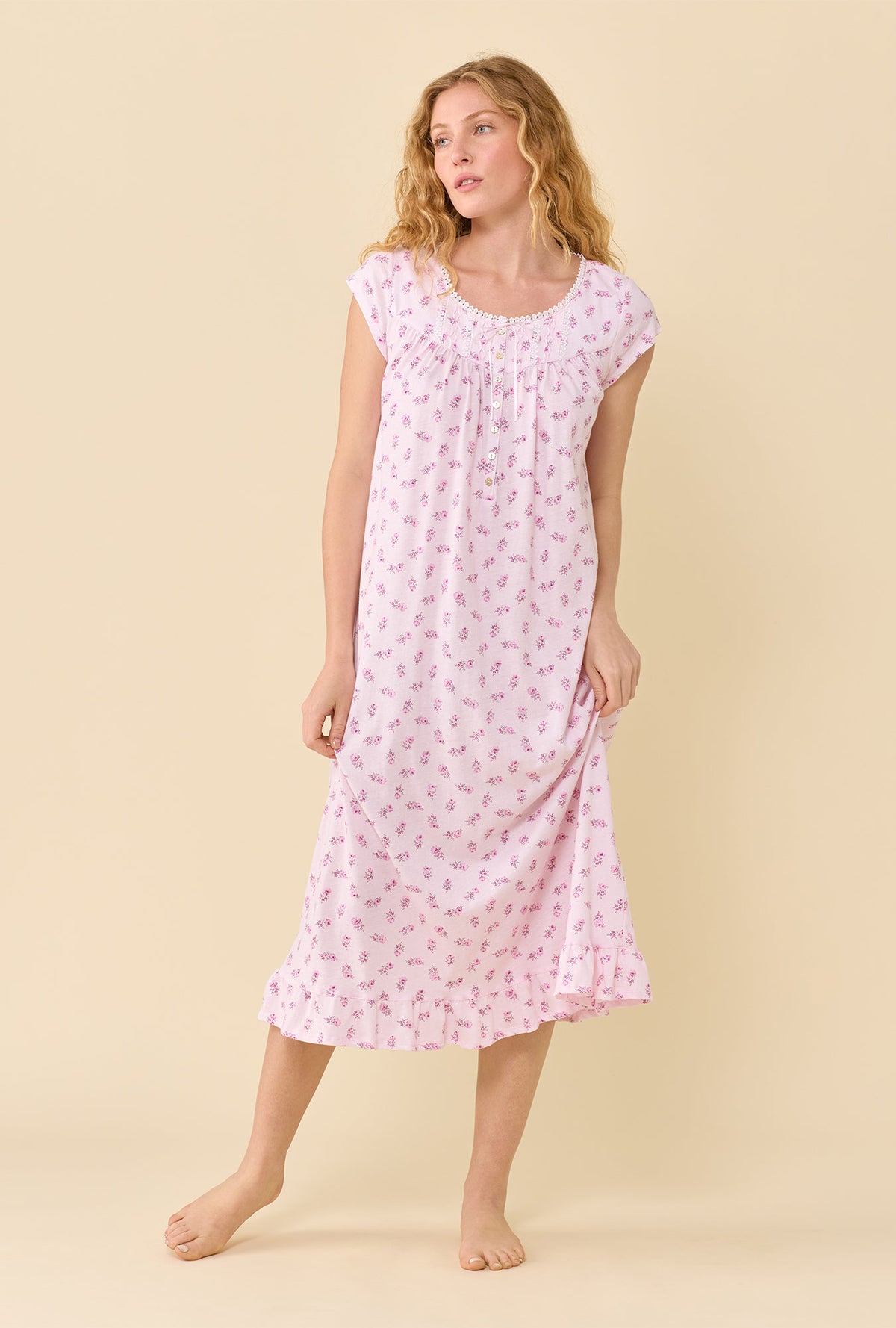 Scattered Floral 100% Cotton Jersey Knit Cap Sleeve Ballet Nightgown