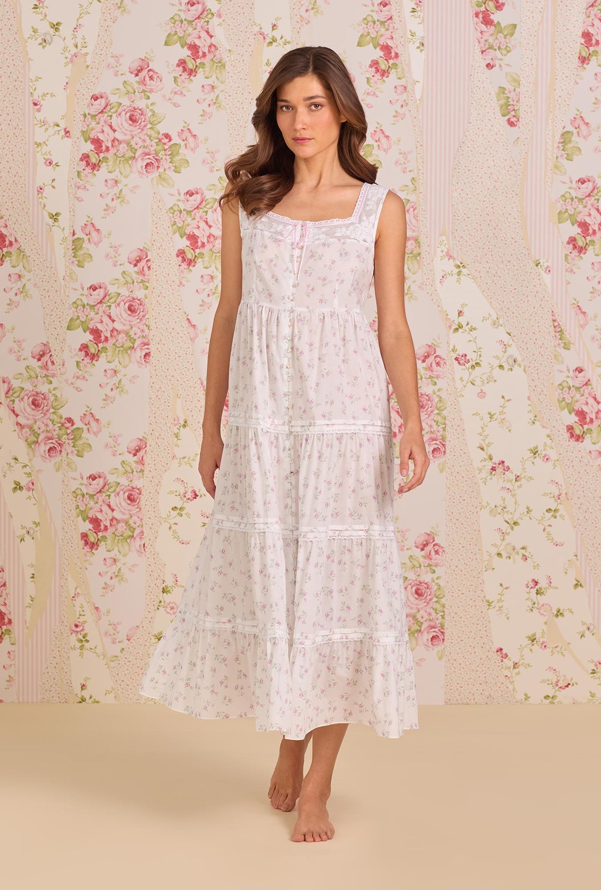 A Lady Wearing The "Monica" Petite Rose Cotton Lawn Ballet Nightgown facing front in a walking pose