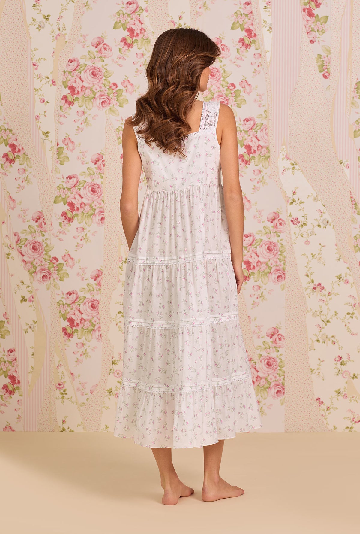 A Lady Wearing The "Monica" Petite Rose Cotton Lawn Ballet Nightgown posing back view of the dress