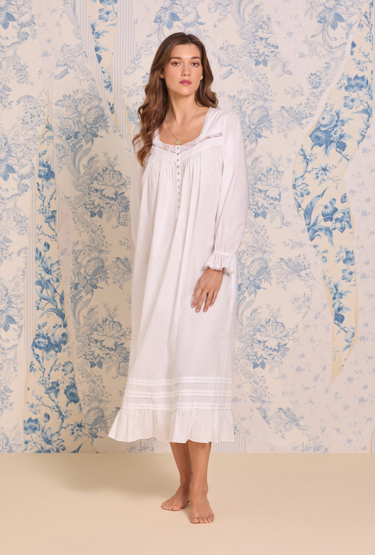 A Lady wearing Iconic White Cotton Lawn Long Sleeve Ballet Nightgown