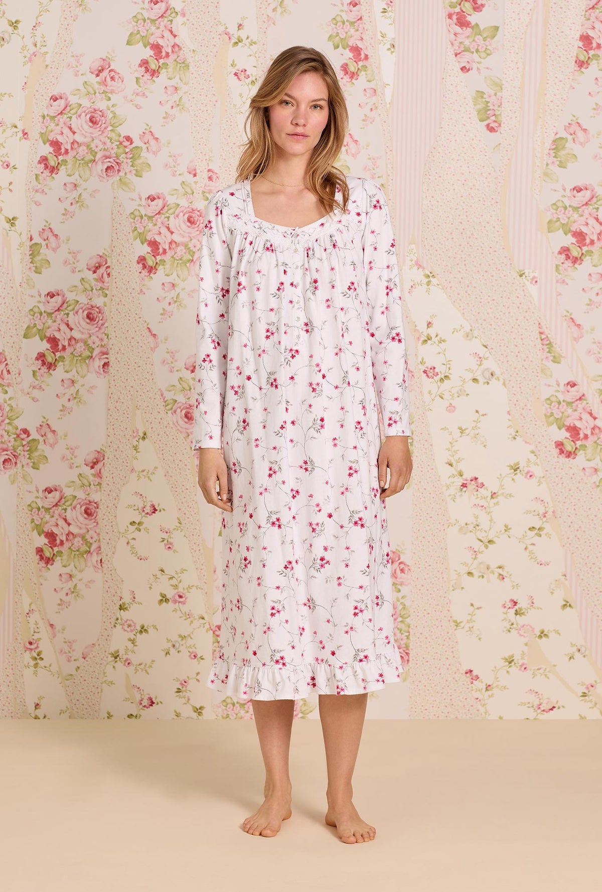 A lady wearing Embervine Cotton Knit Long Sleeve Ballet Nightgown