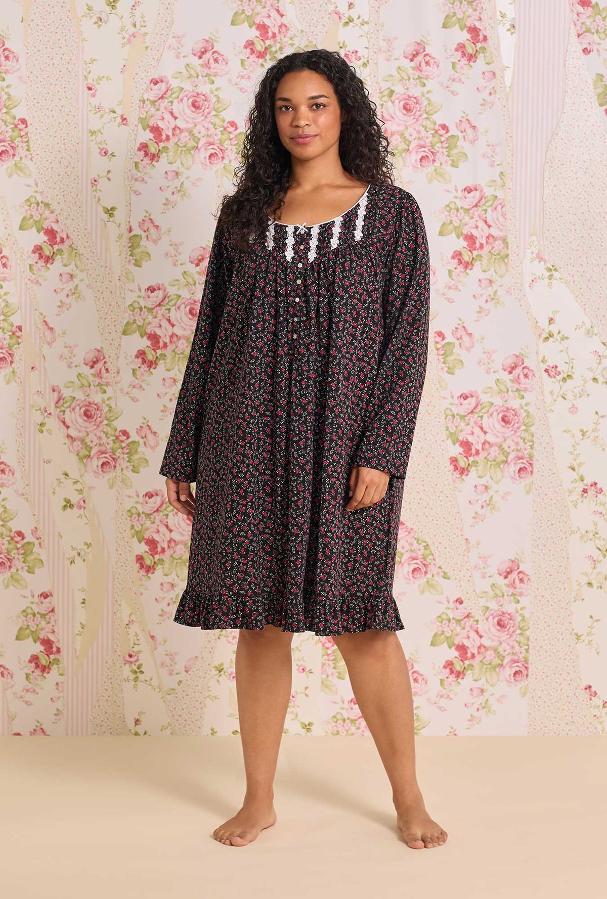 A Lady wearing Bordeaux Bloom Cotton Knit Long Sleeve Short Plus Nightgown