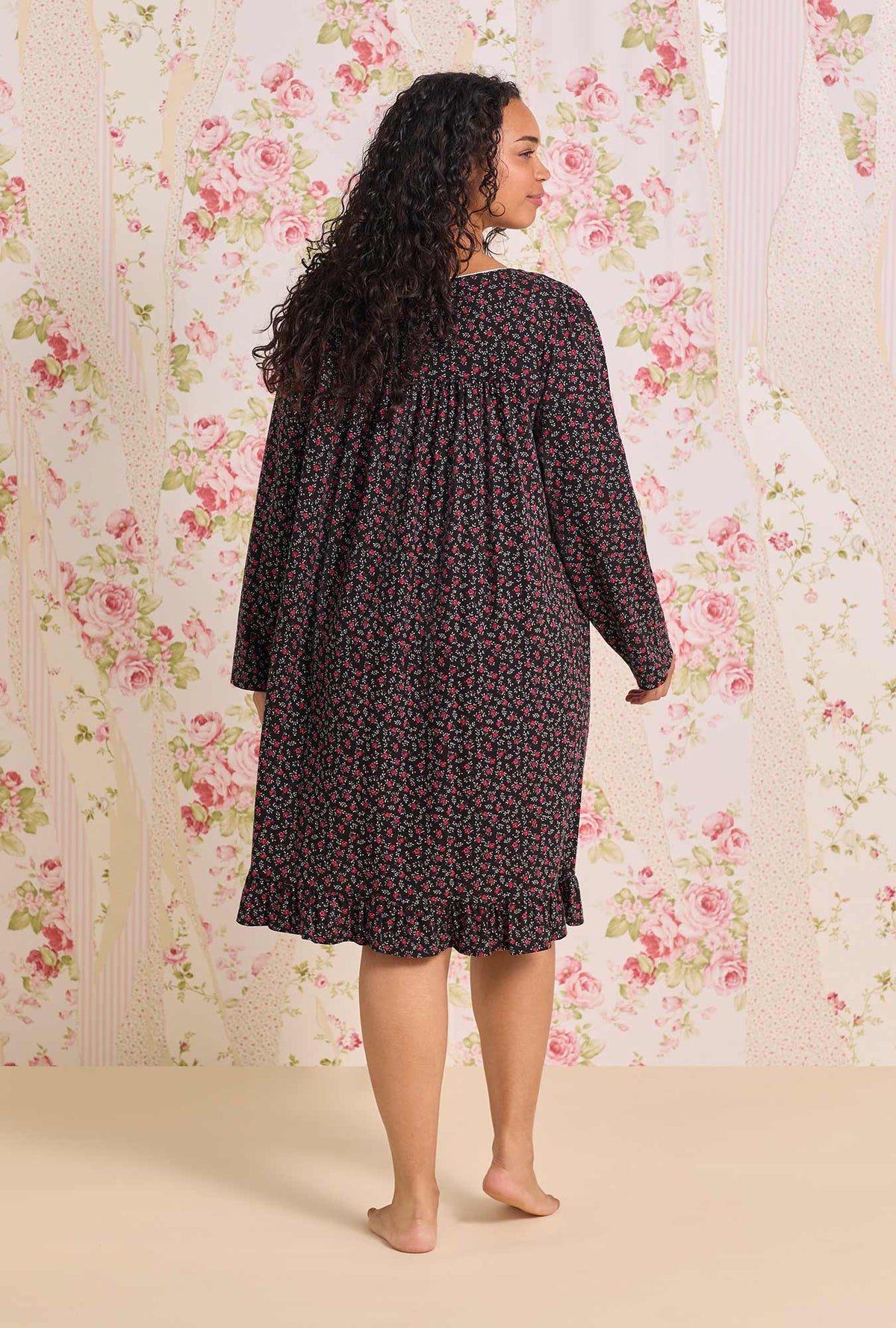 A Lady wearing Bordeaux Bloom Cotton Knit Long Sleeve Short Plus Nightgown