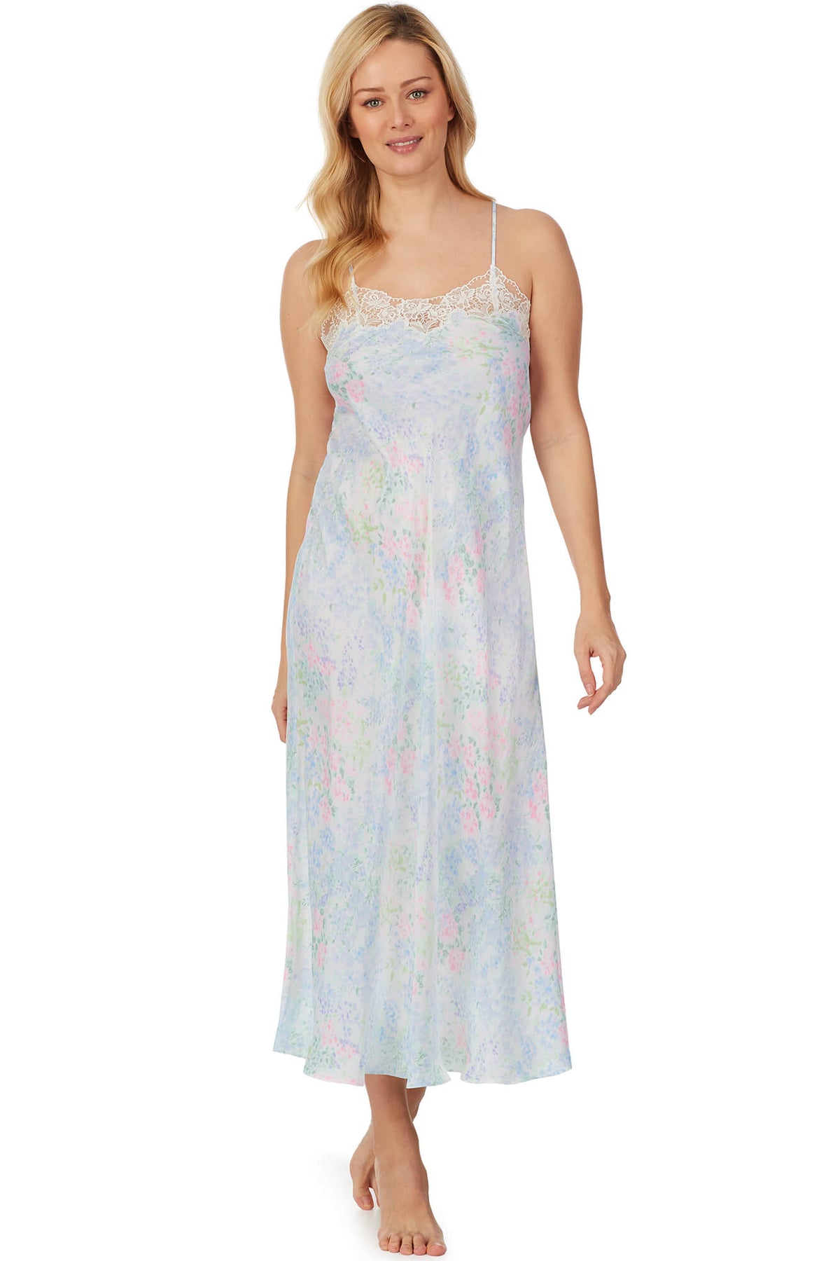 A lady wearing watercolor sleeveless santorini satin gown.