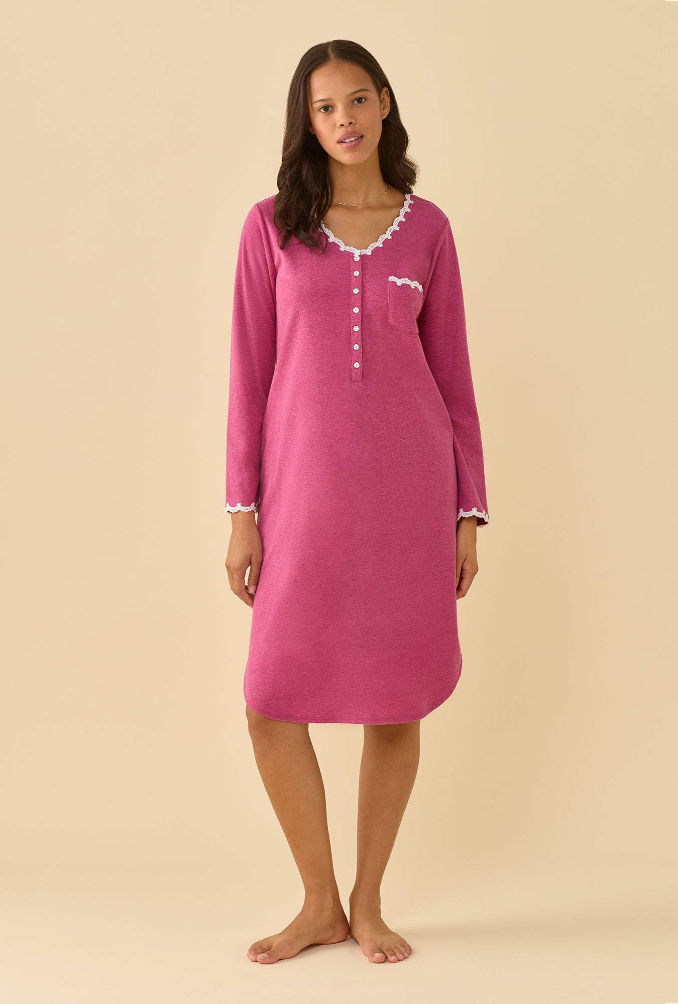 Boysenberry Heather Cotton Rich Interlock Jersey Knit Long Sleeve Waltz Nightshirt