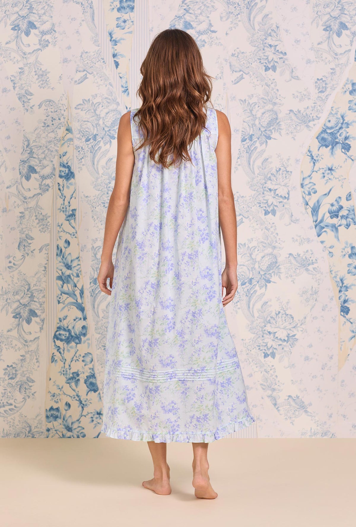 A Lady wearing The "Eileen" Aqua Bloom Cotton Lawn Ballet Nightgown back view