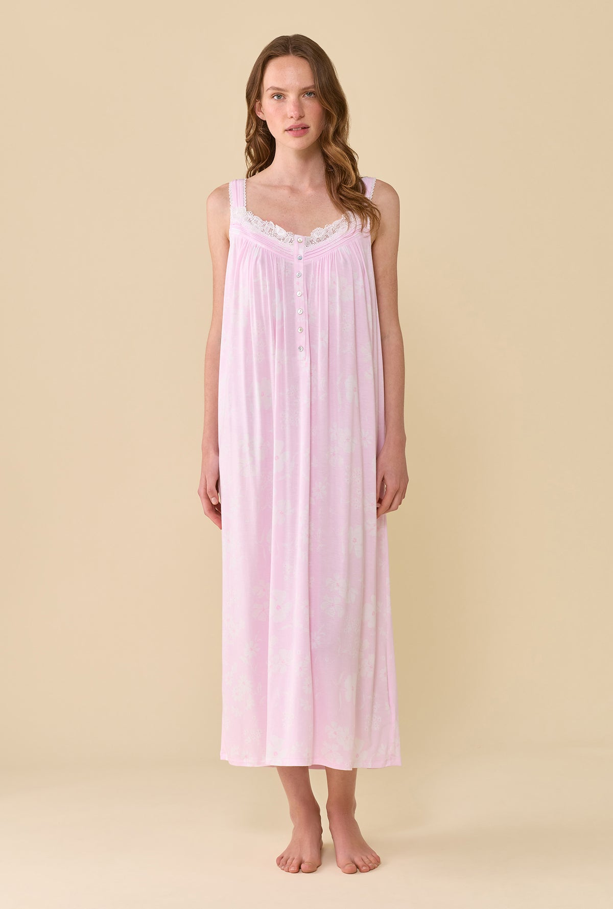 A Lady Wearing The "Eileen" Pink Posy Tencel™ Modal Ballet Nightgown facing front with a straight pose