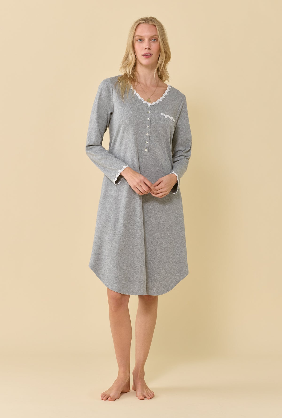 Grey Heather Cotton Rich Interlock Jersey Knit Long Sleeve Waltz Nightshirt