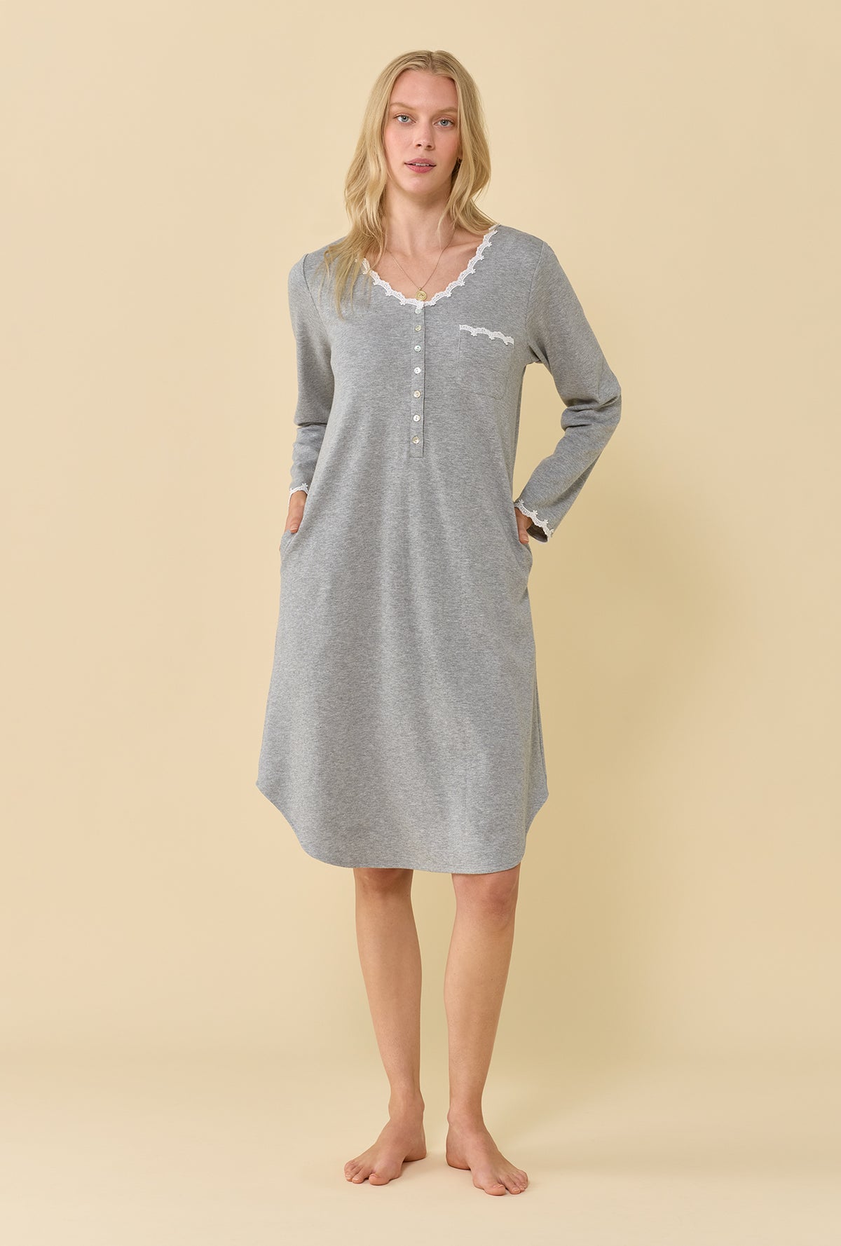 Grey Heather Cotton Rich Interlock Jersey Knit Long Sleeve Waltz Nightshirt