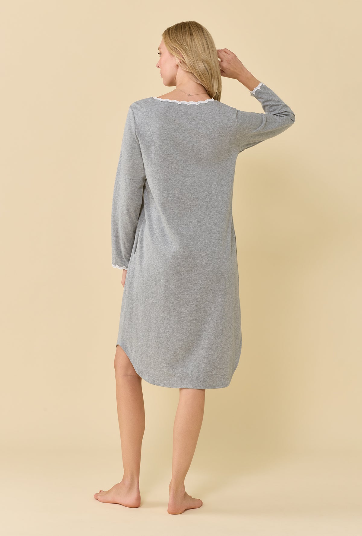 Grey Heather Cotton Rich Interlock Jersey Knit Long Sleeve Waltz Nightshirt