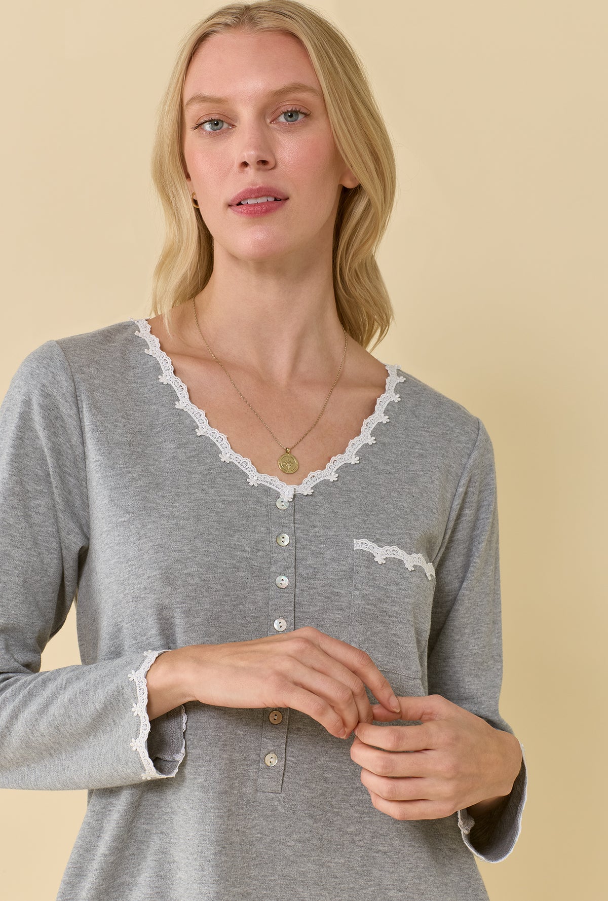 Grey Heather Cotton Rich Interlock Jersey Knit Long Sleeve Waltz Nightshirt