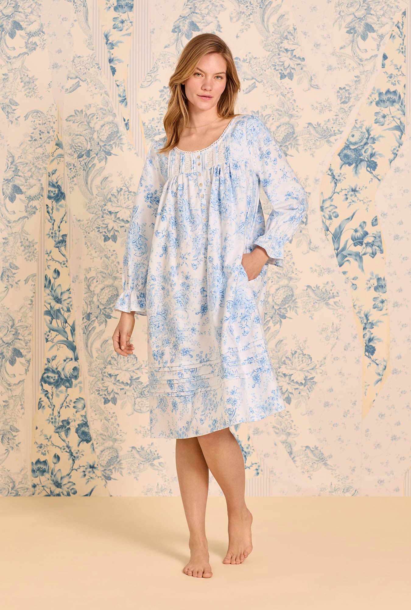 A lady wearing Chateau Bloom Cotton Flannel Waltz Nightgown