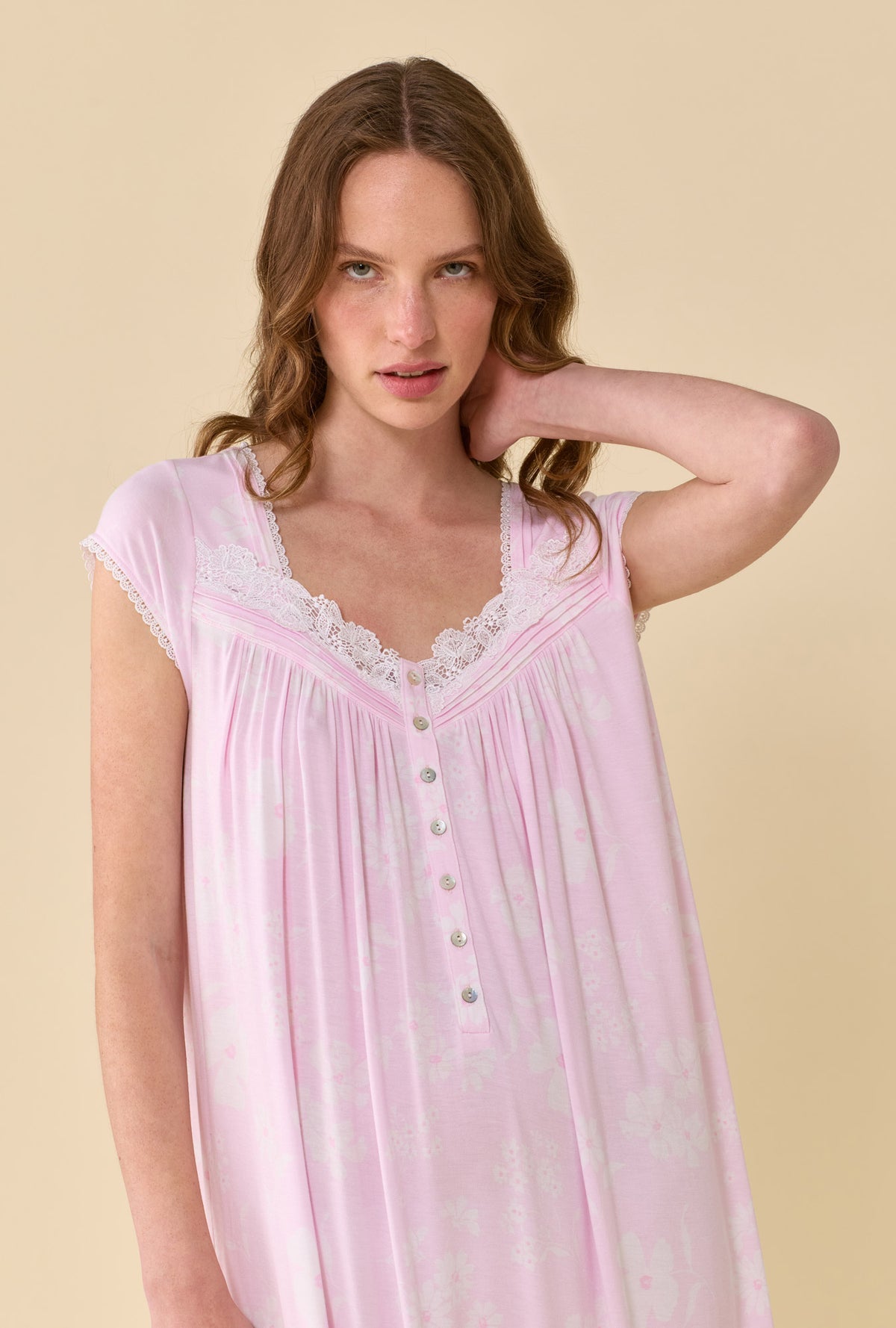 A Lady Wearing Pink Posy Tencel™ Modal Waltz Nightgown facing front with a close up view