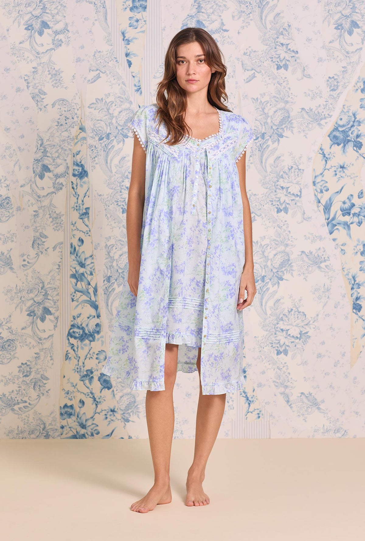 Aqua Bloom Cotton Lawn Short Button Front Robe
