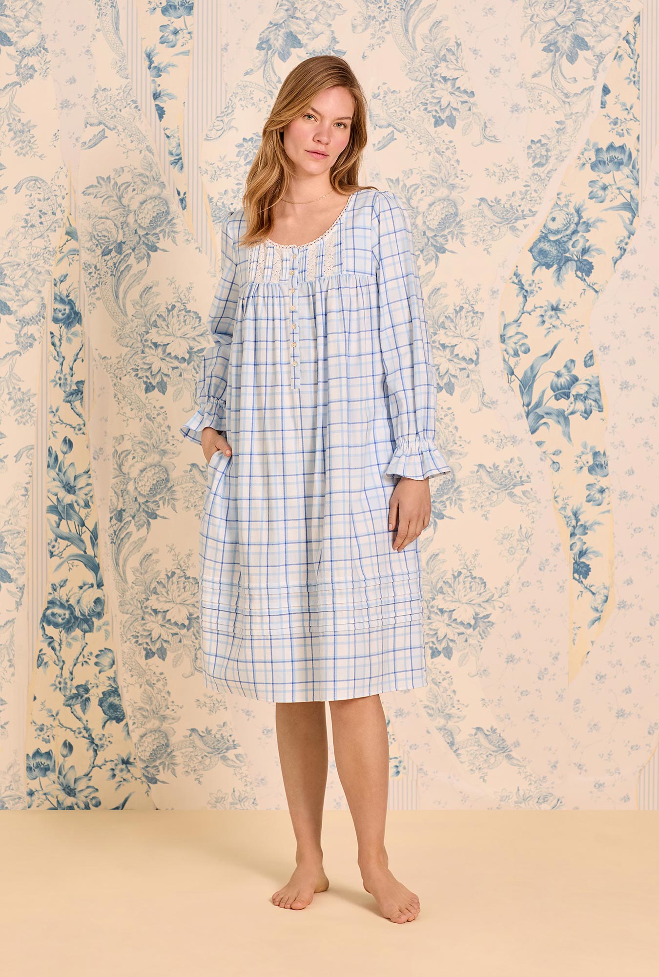 A lady wearing Vintage Plaid Cotton Flannel Waltz Nightgown