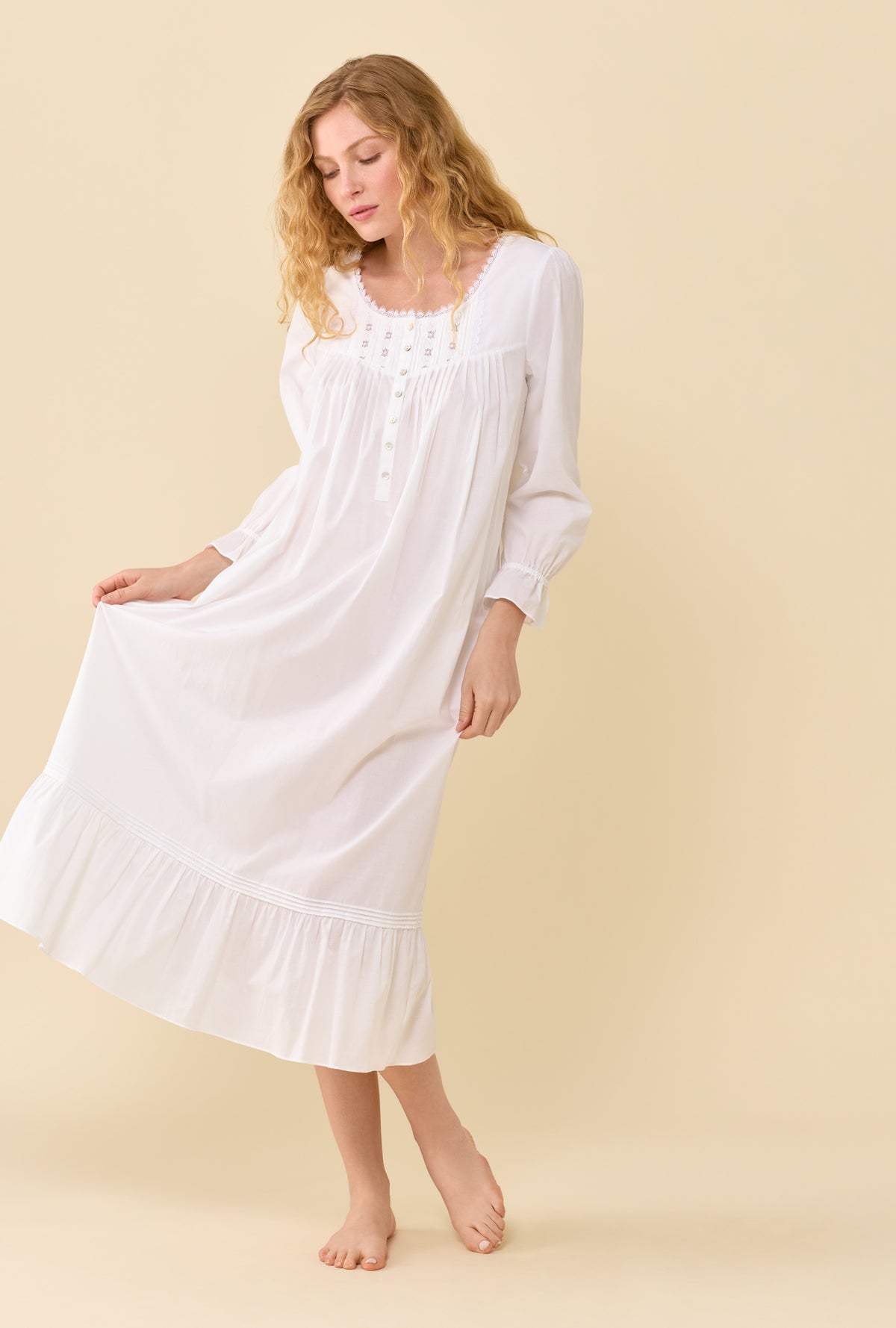 Carolyn Soft White 100% Cotton Woven Lawn Long Sleeve Ballet Nightgown