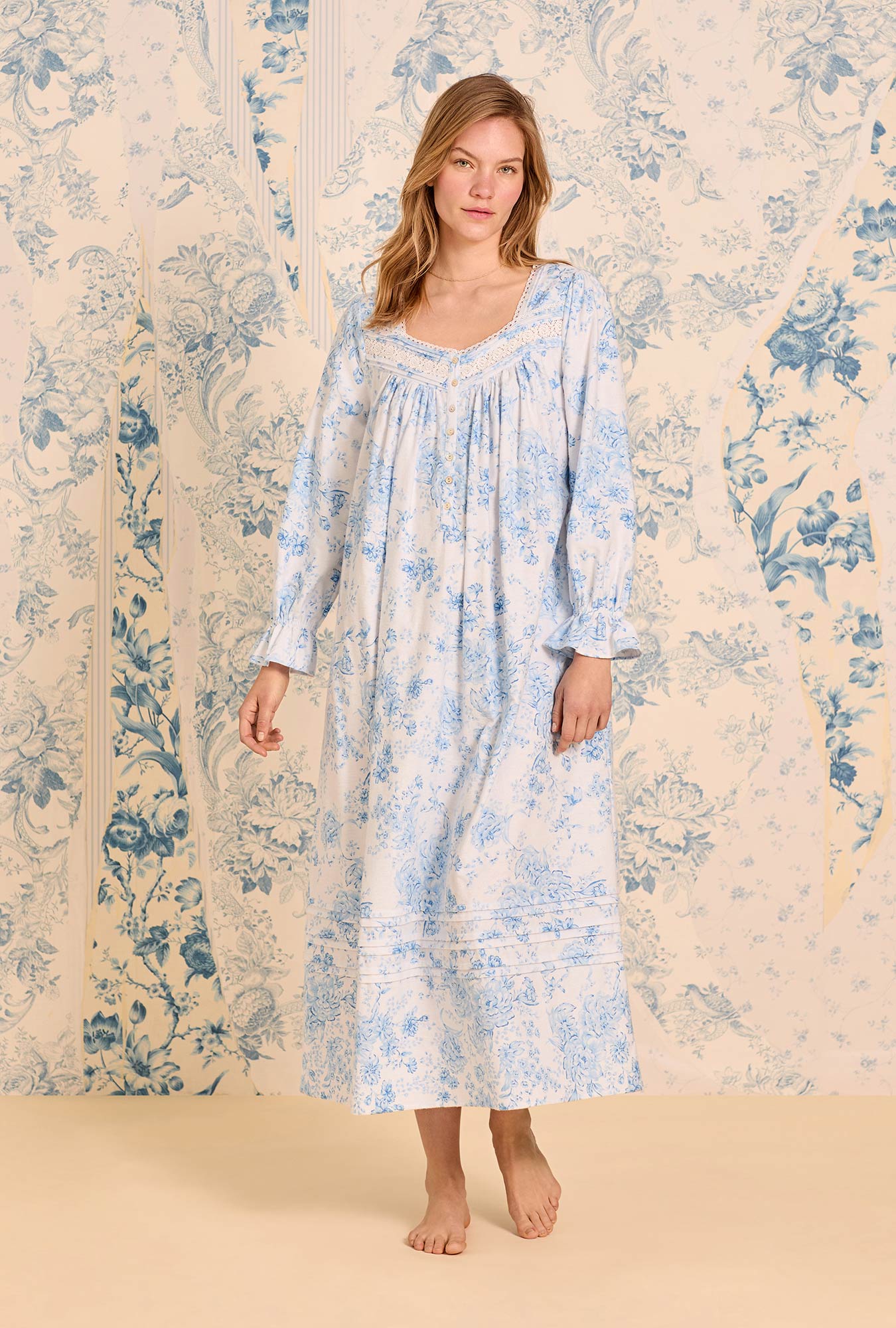 A lady wearing Chateau Bloom Long Sleeve Cotton Lawn Ballet Nightgown