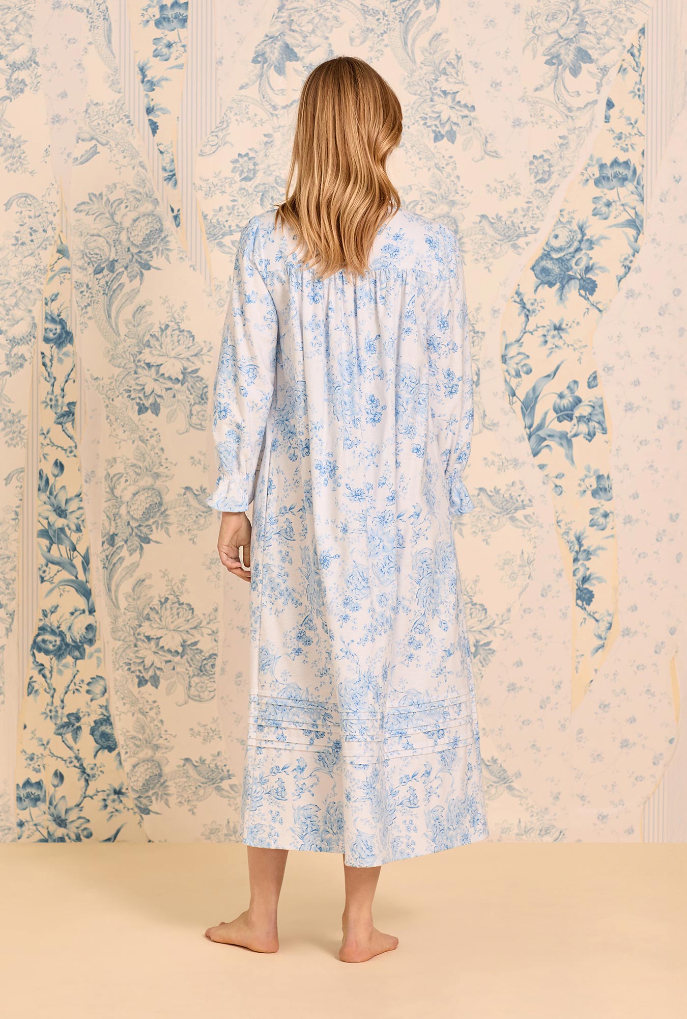 A lady wearing Chateau Bloom Long Sleeve Cotton Lawn Ballet Nightgown