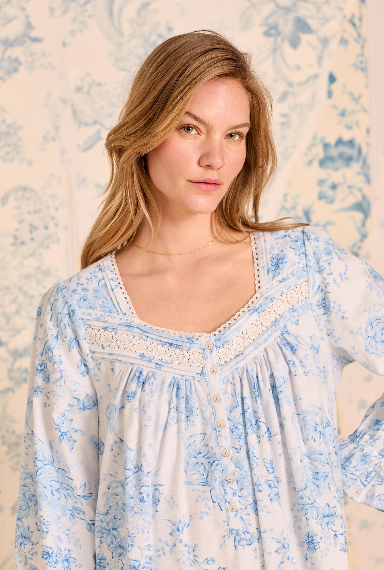 A lady wearing Chateau Bloom Long Sleeve Cotton Lawn Ballet Nightgown