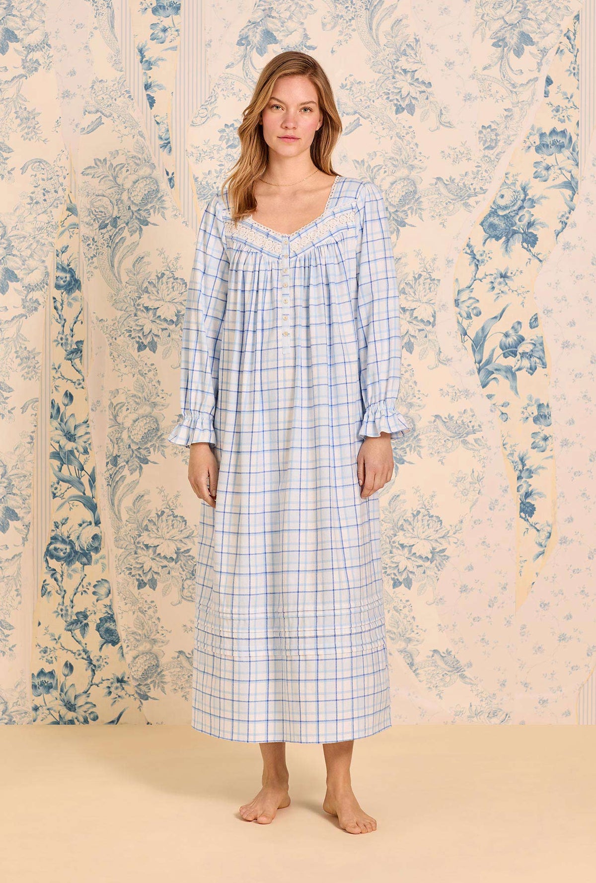 Vintage Plaid Cotton Flannel Long Sleeve Ballet Nightgown