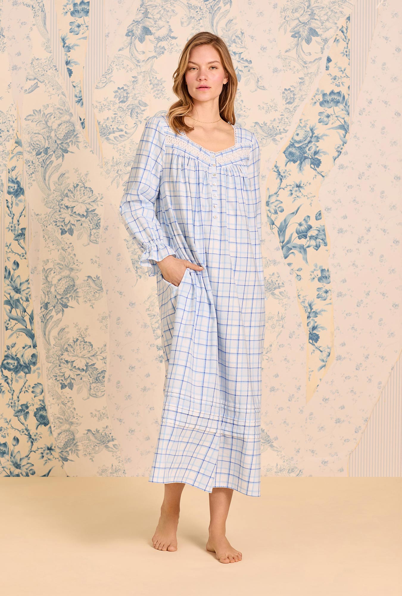 A lady wearing Vintage Plaid Cotton Flannel Long Sleeve Ballet Nightgown